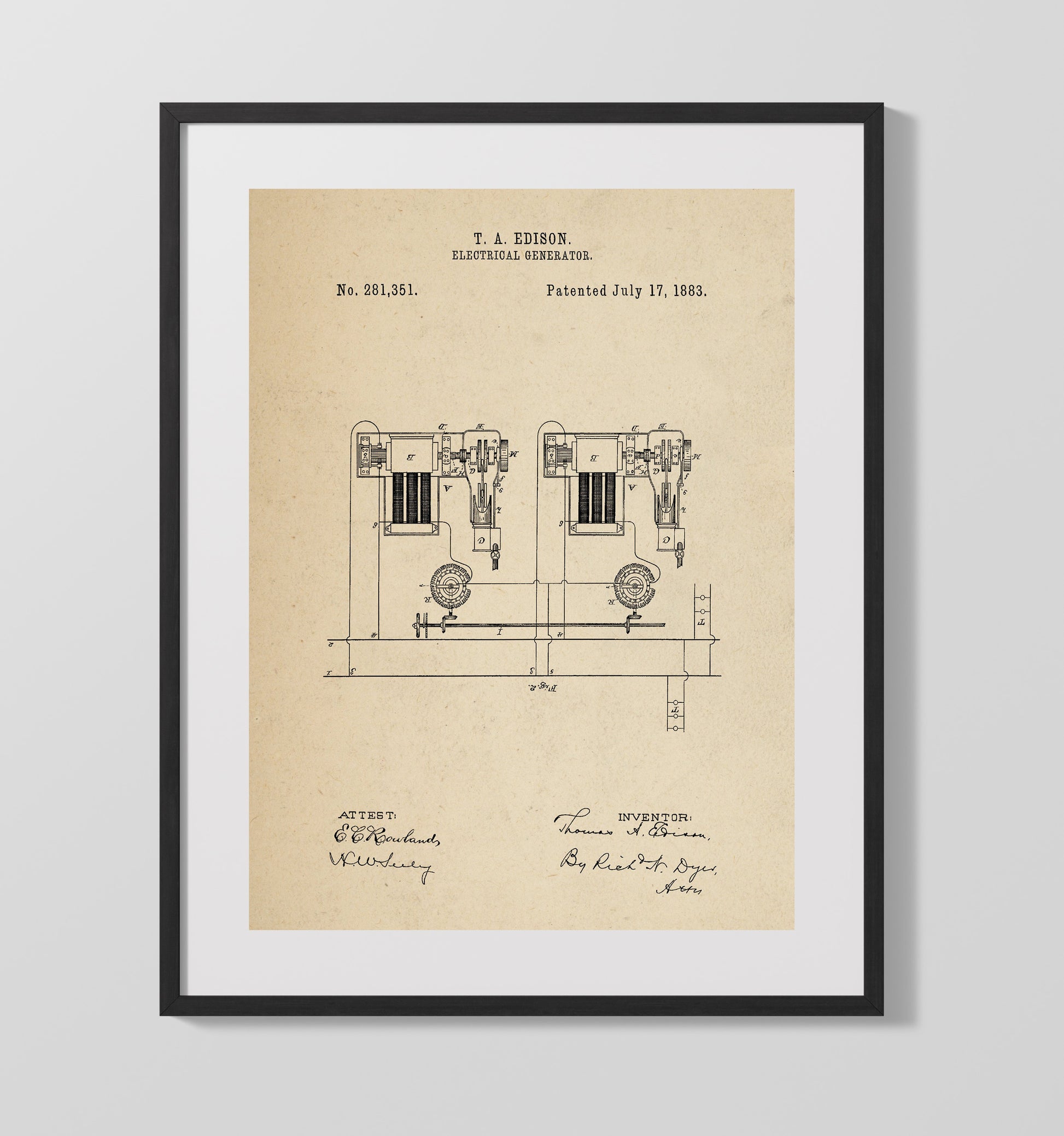 Patent Print - Electrical Generator System Diagram - Thomas Edison - 1883 - Patent 281351 Patent Wall Art