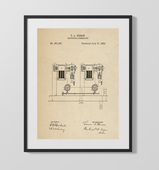 Electrical Generator System Diagram - 1883 Patent - 16x20 Gallery Frame