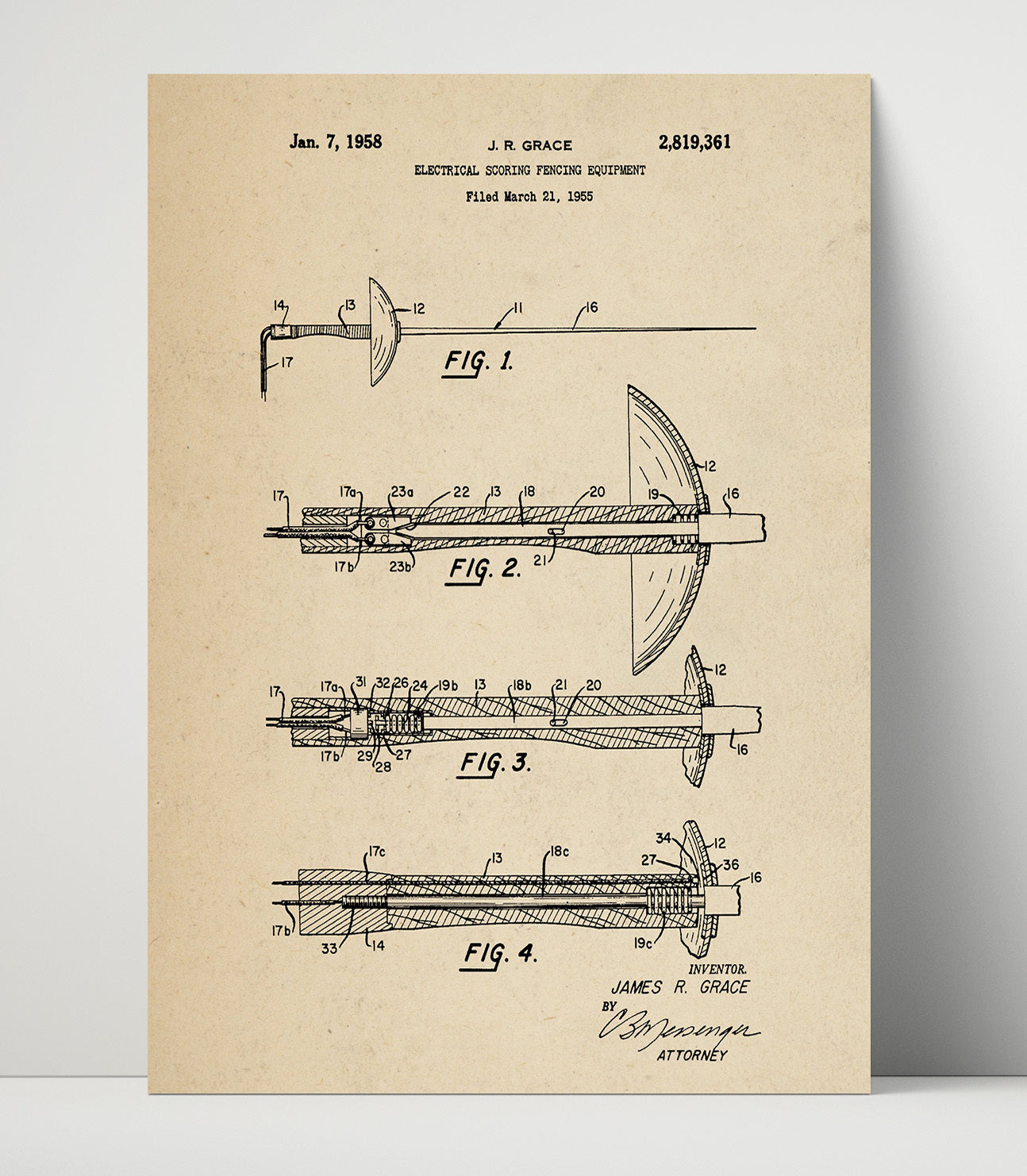Patent Print - Electrical Scoring Fencing Equipment - J R Grace - 1958 - Patent 2819361 Patent Wall Art
