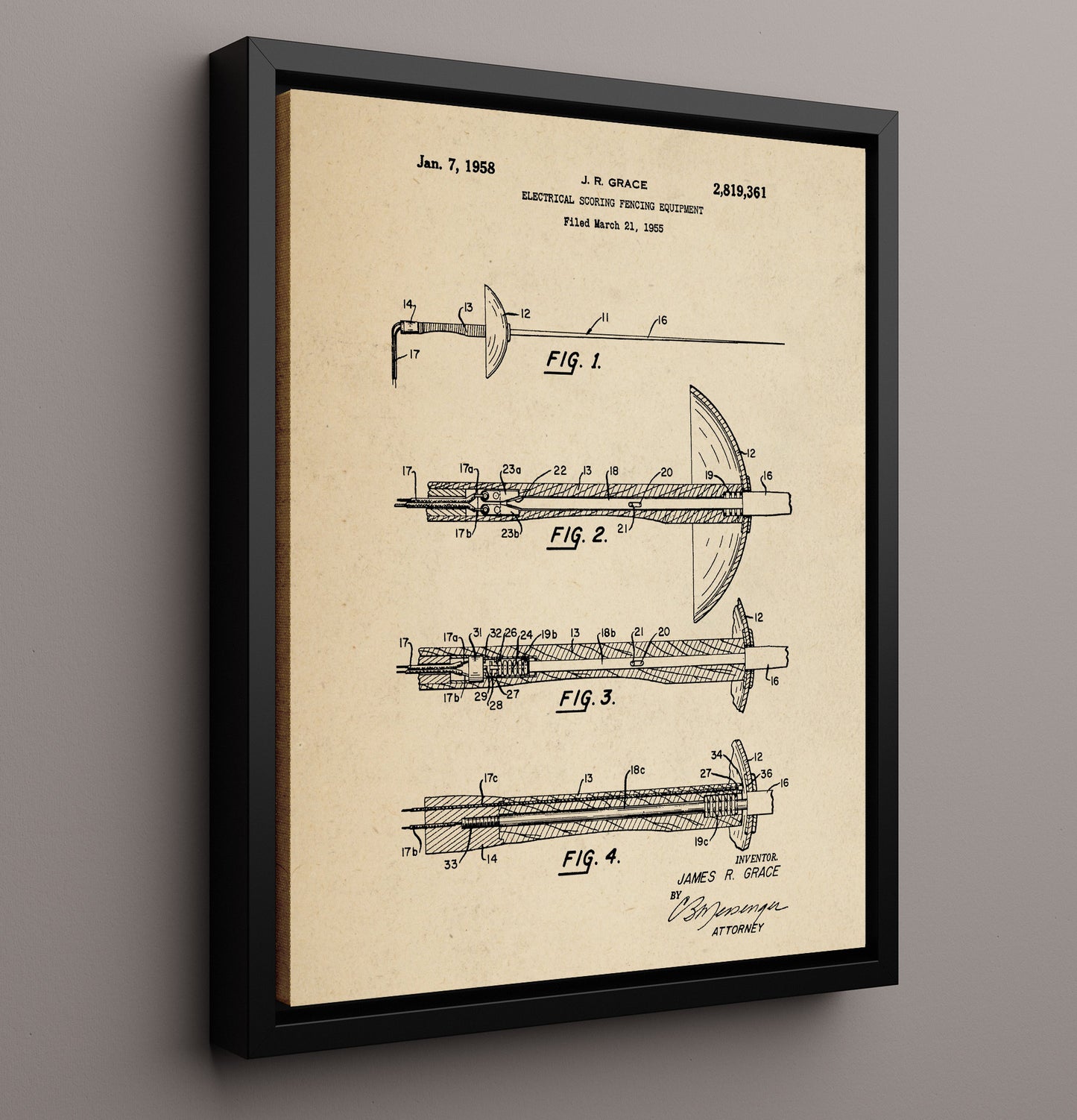 Patent Print - Electrical Scoring Fencing Equipment - J R Grace - 1958 - Patent 2819361 Patent Wall Art