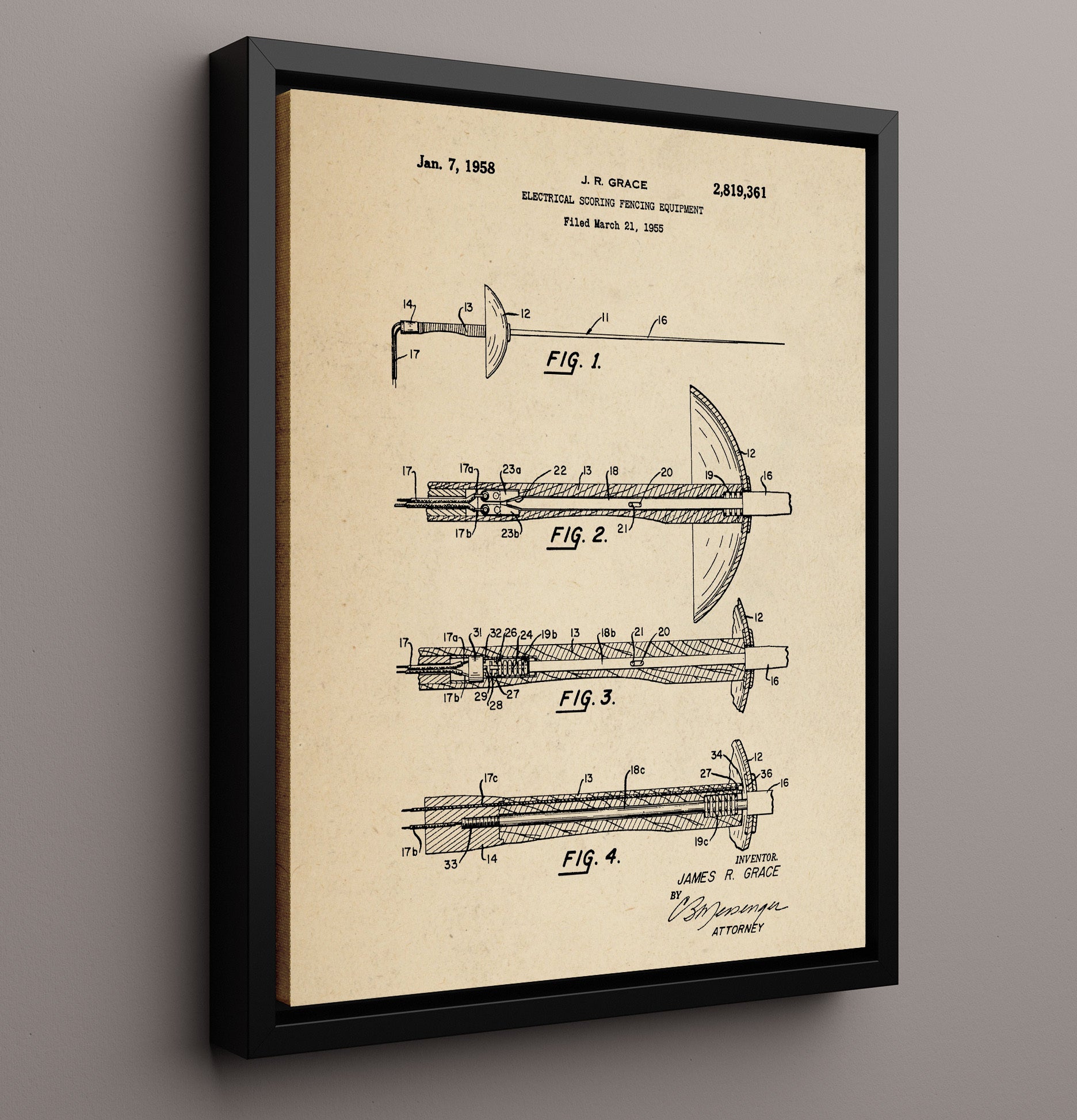 Patent Print - Electrical Scoring Fencing Equipment - J R Grace - 1958 - Patent 2819361 Patent Wall Art