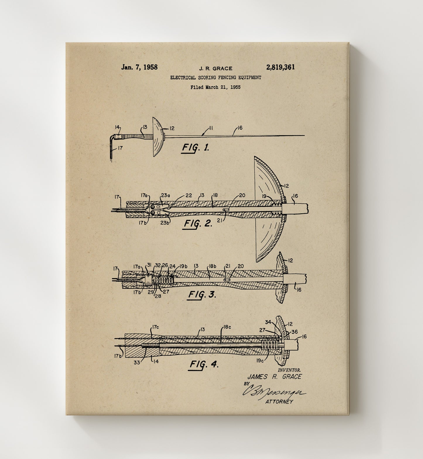 Patent Print - Electrical Scoring Fencing Equipment - J R Grace - 1958 - Patent 2819361 Patent Wall Art