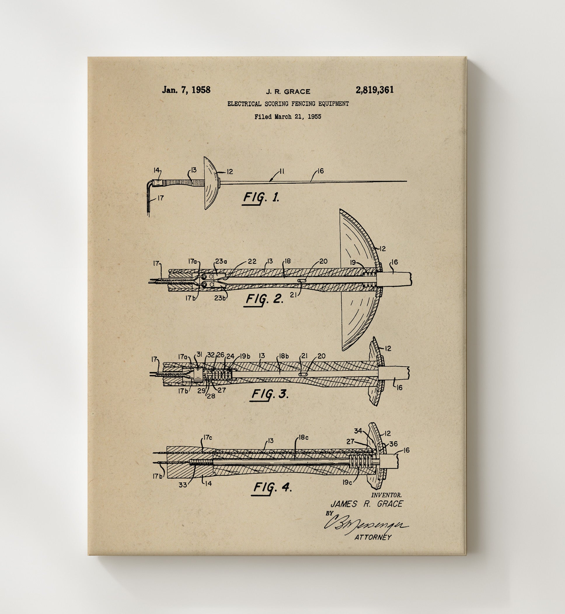 Patent Print - Electrical Scoring Fencing Equipment - J R Grace - 1958 - Patent 2819361 Patent Wall Art