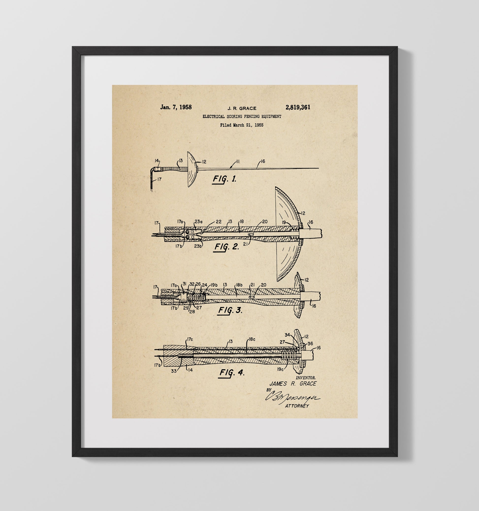 Patent Print - Electrical Scoring Fencing Equipment - J R Grace - 1958 - Patent 2819361 Patent Wall Art