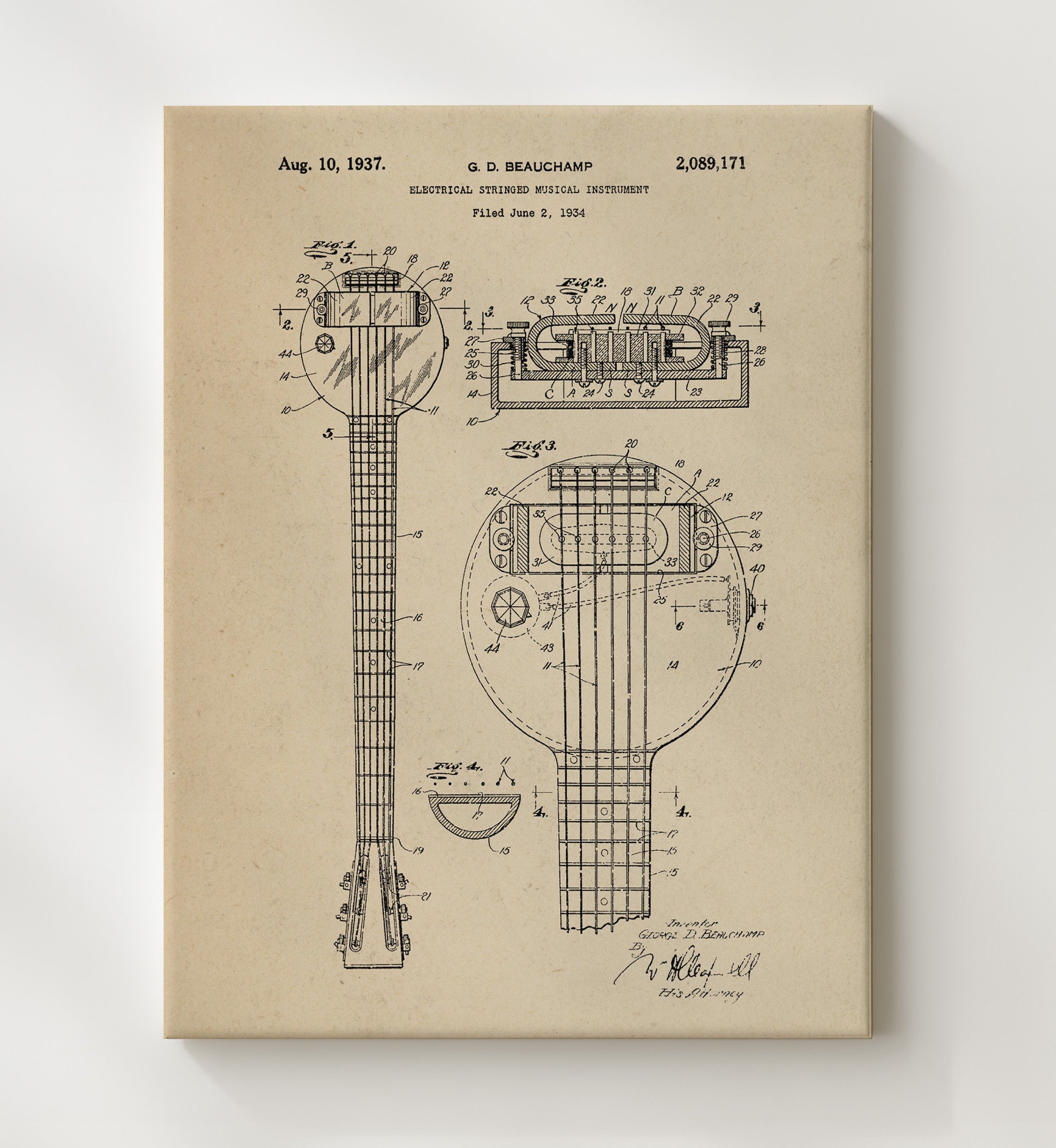 Patent Print - Electrical Stringed Musical Instrument - G. D. Beauchamp - 1937 - Patent 2089171 Patent Wall Art