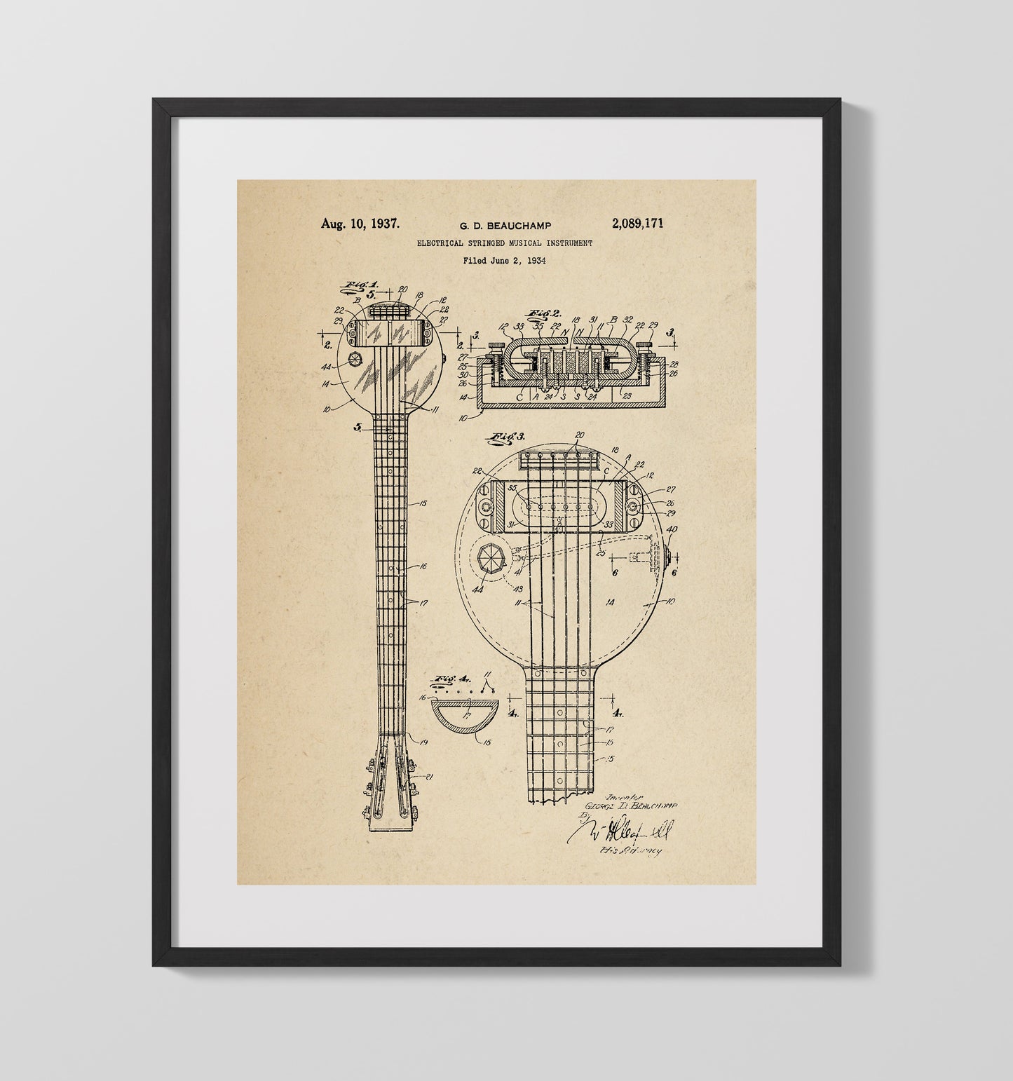 Patent Print - Electrical Stringed Musical Instrument - G. D. Beauchamp - 1937 - Patent 2089171 Patent Wall Art