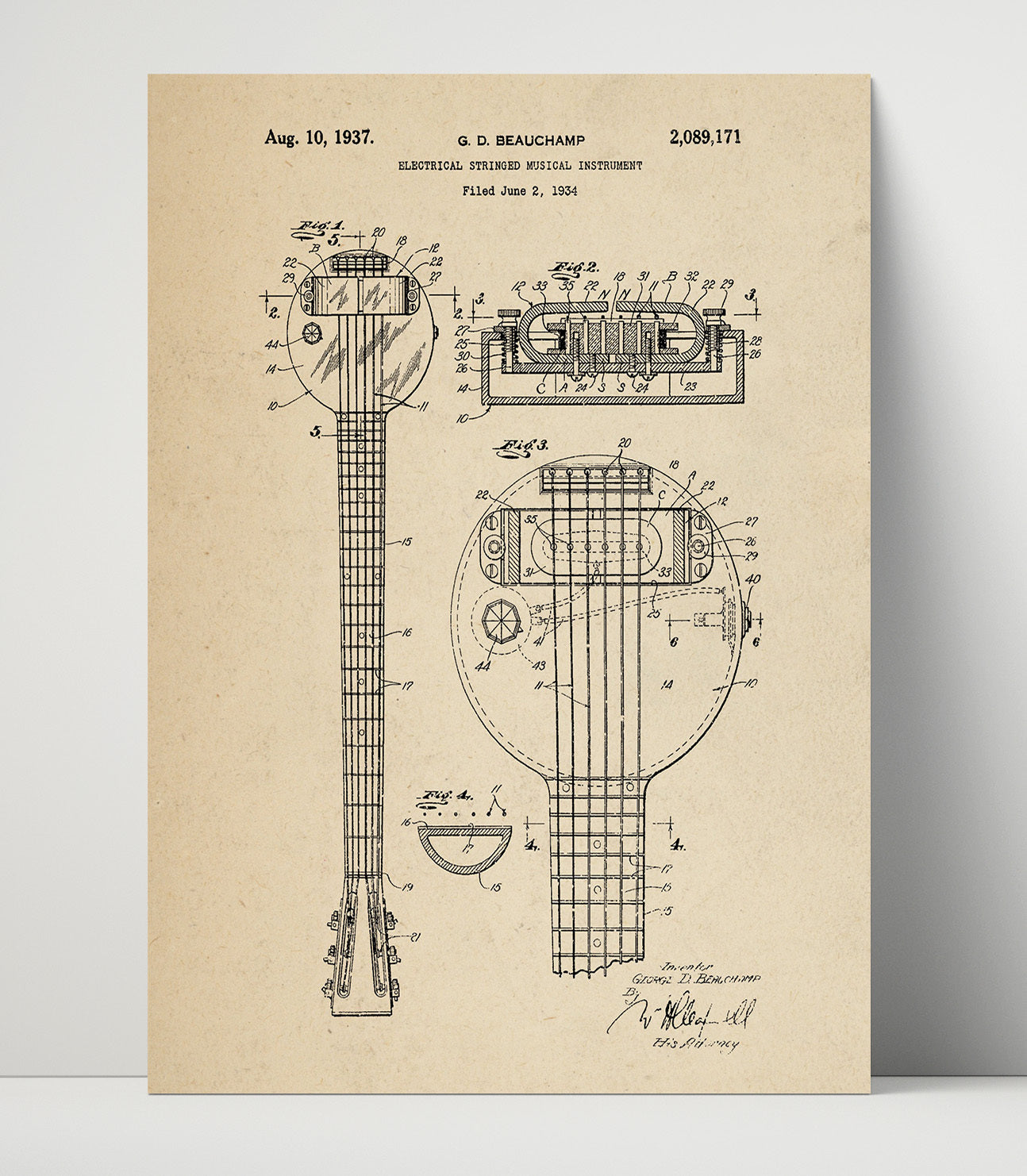 Patent Print - Electrical Stringed Musical Instrument - G. D. Beauchamp - 1937 - Patent 2089171 Patent Wall Art