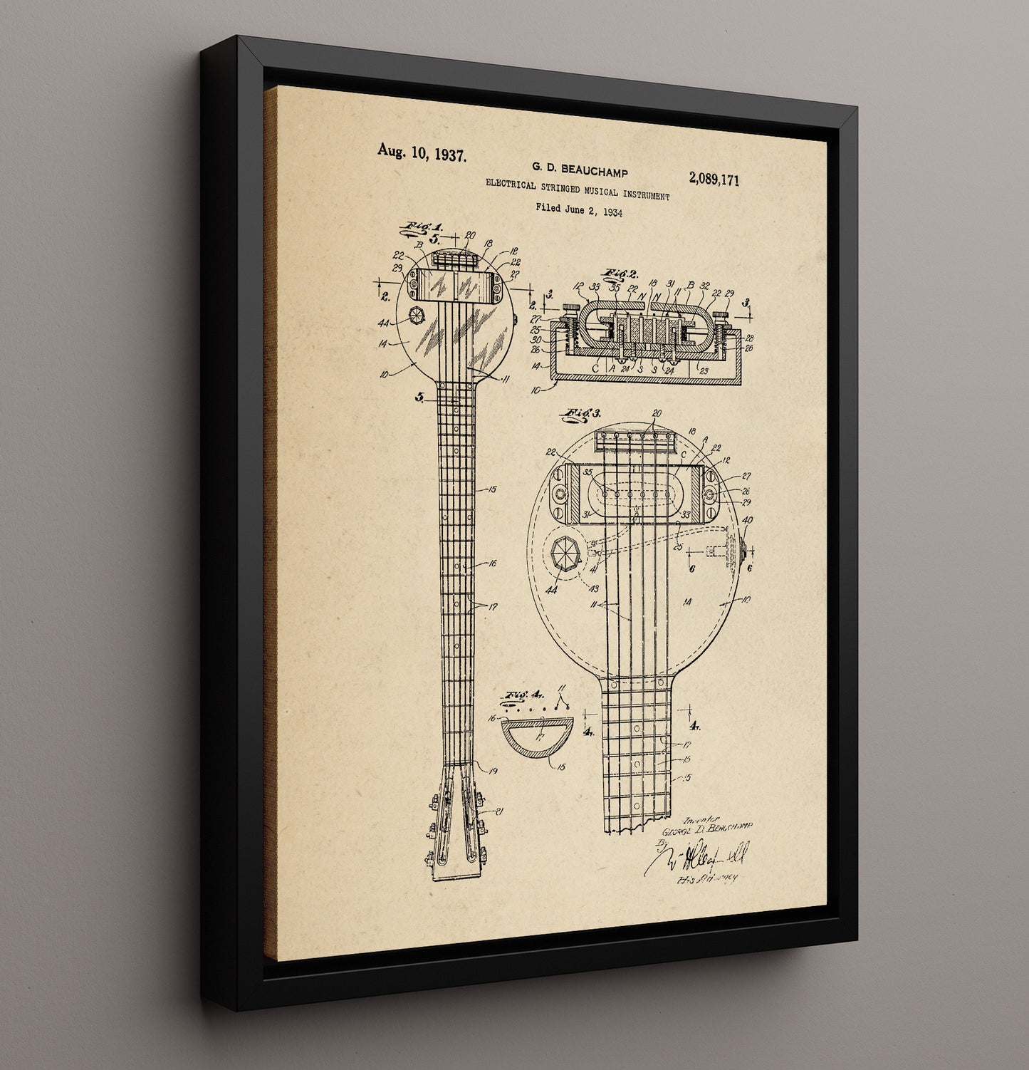 Patent Print - Electrical Stringed Musical Instrument - G. D. Beauchamp - 1937 - Patent 2089171 Patent Wall Art