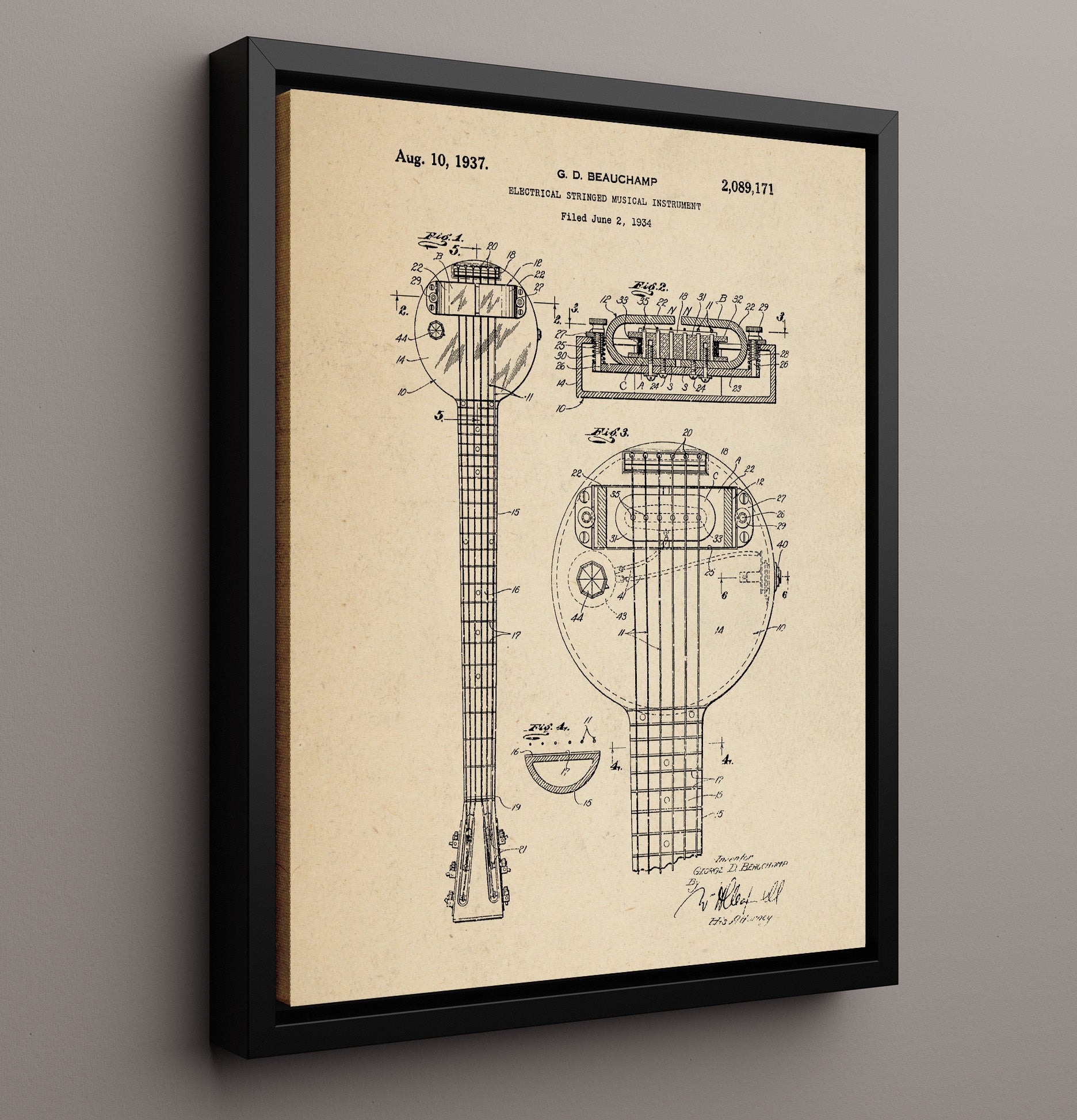 Patent Print - Electrical Stringed Musical Instrument - G. D. Beauchamp - 1937 - Patent 2089171 Patent Wall Art