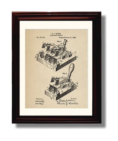 Patent Print - Electrical Switch - Charles J. Klein - 1892 - Patent 477374 Patent Wall Art