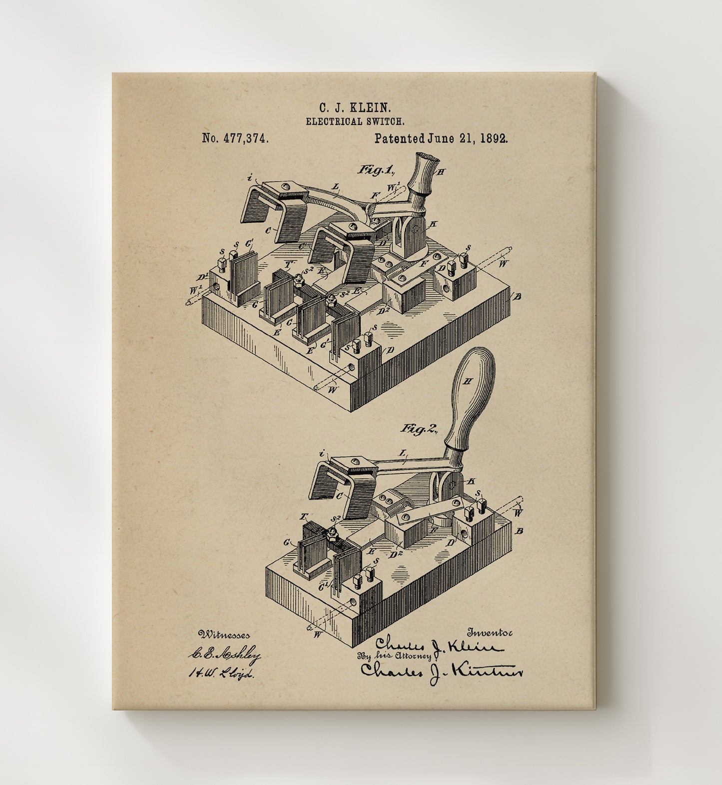 Patent Print - Electrical Switch - Charles J. Klein - 1892 - Patent 477374 Patent Wall Art