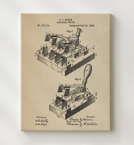 Electrical Switch 1892 patent print wall art 8x10 Canvas