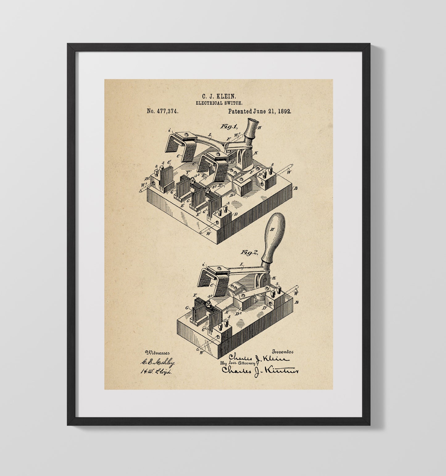Patent Print - Electrical Switch - Charles J. Klein - 1892 - Patent 477374 Patent Wall Art