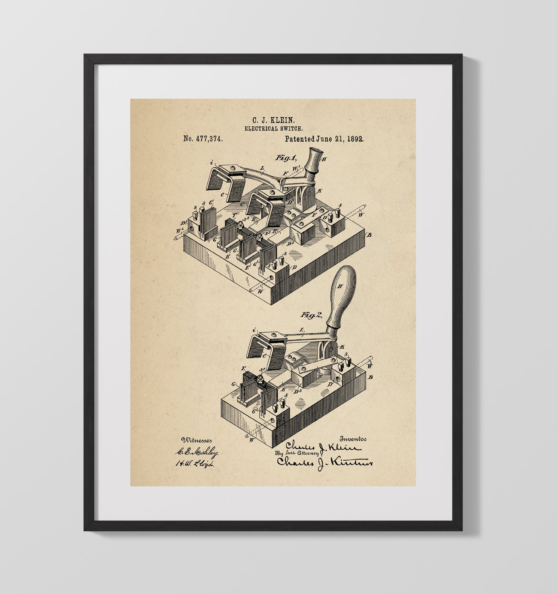 Patent Print - Electrical Switch - Charles J. Klein - 1892 - Patent 477374 Patent Wall Art