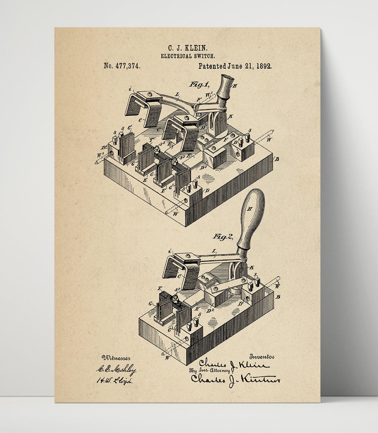 Patent Print - Electrical Switch - Charles J. Klein - 1892 - Patent 477374 Patent Wall Art