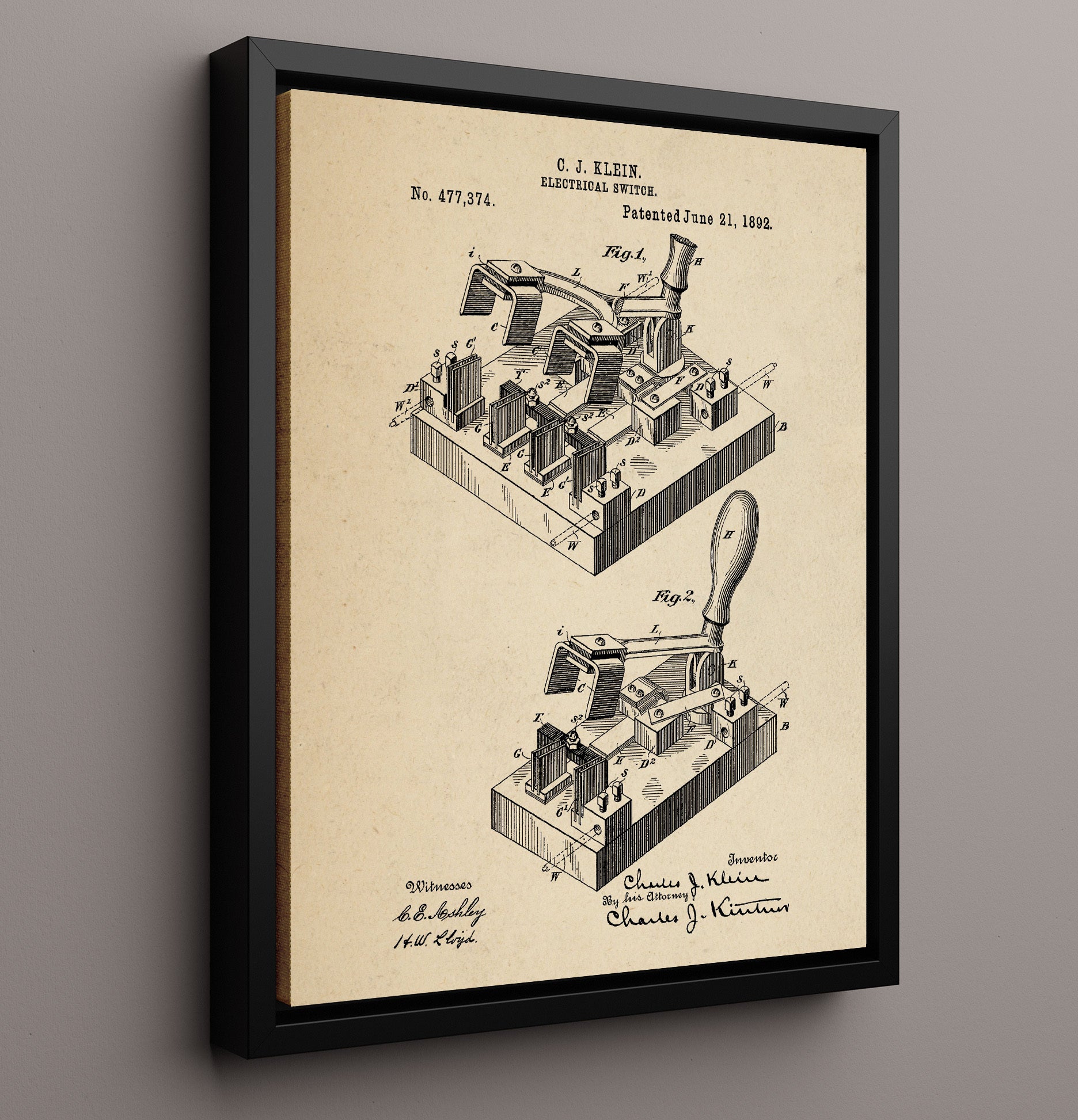 Patent Print - Electrical Switch - Charles J. Klein - 1892 - Patent 477374 Patent Wall Art