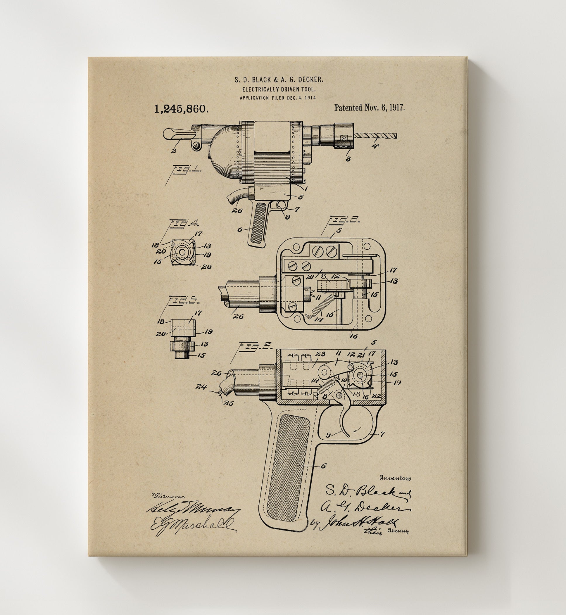 Patent Print - Electrically Driven Tool - S. D. Black And A. G. Decker - 1917 - Patent 1245860 Patent Wall Art