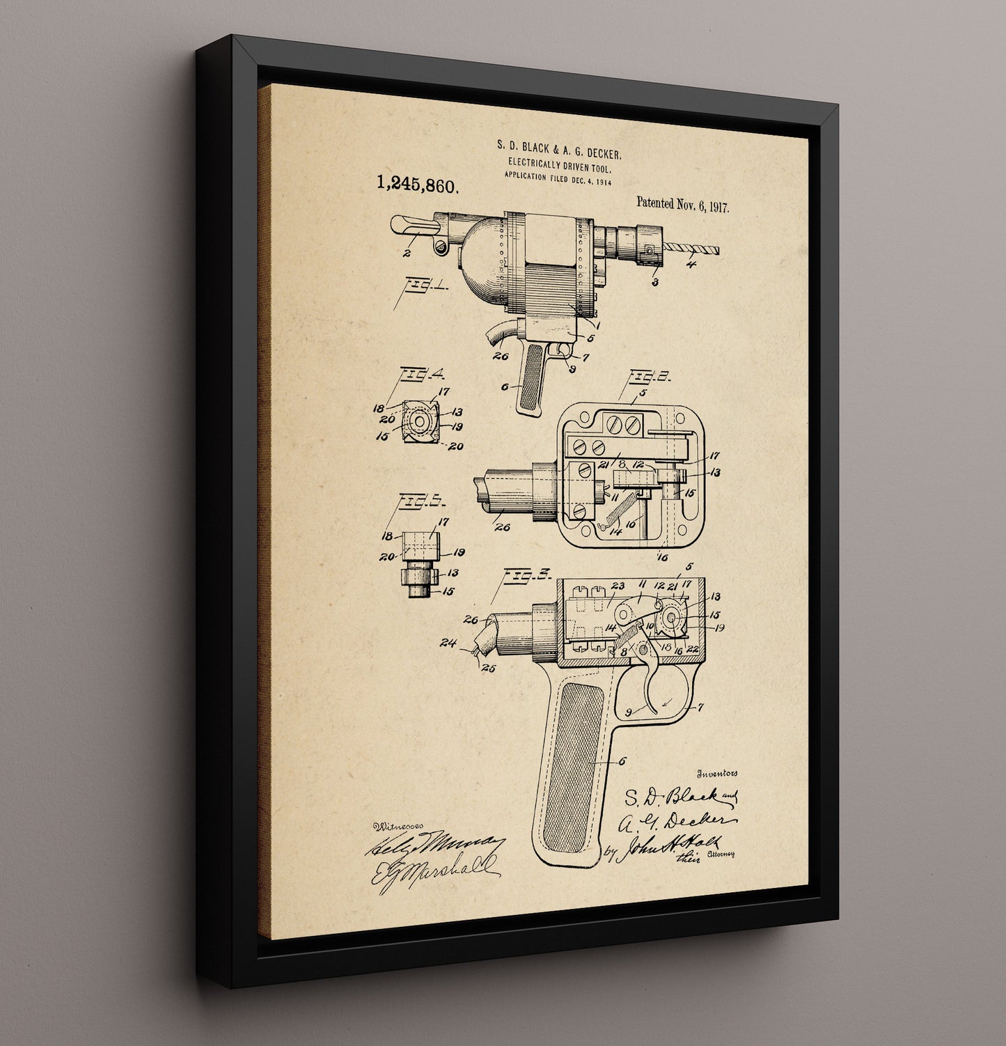 Patent Print - Electrically Driven Tool - S. D. Black And A. G. Decker - 1917 - Patent 1245860 Patent Wall Art