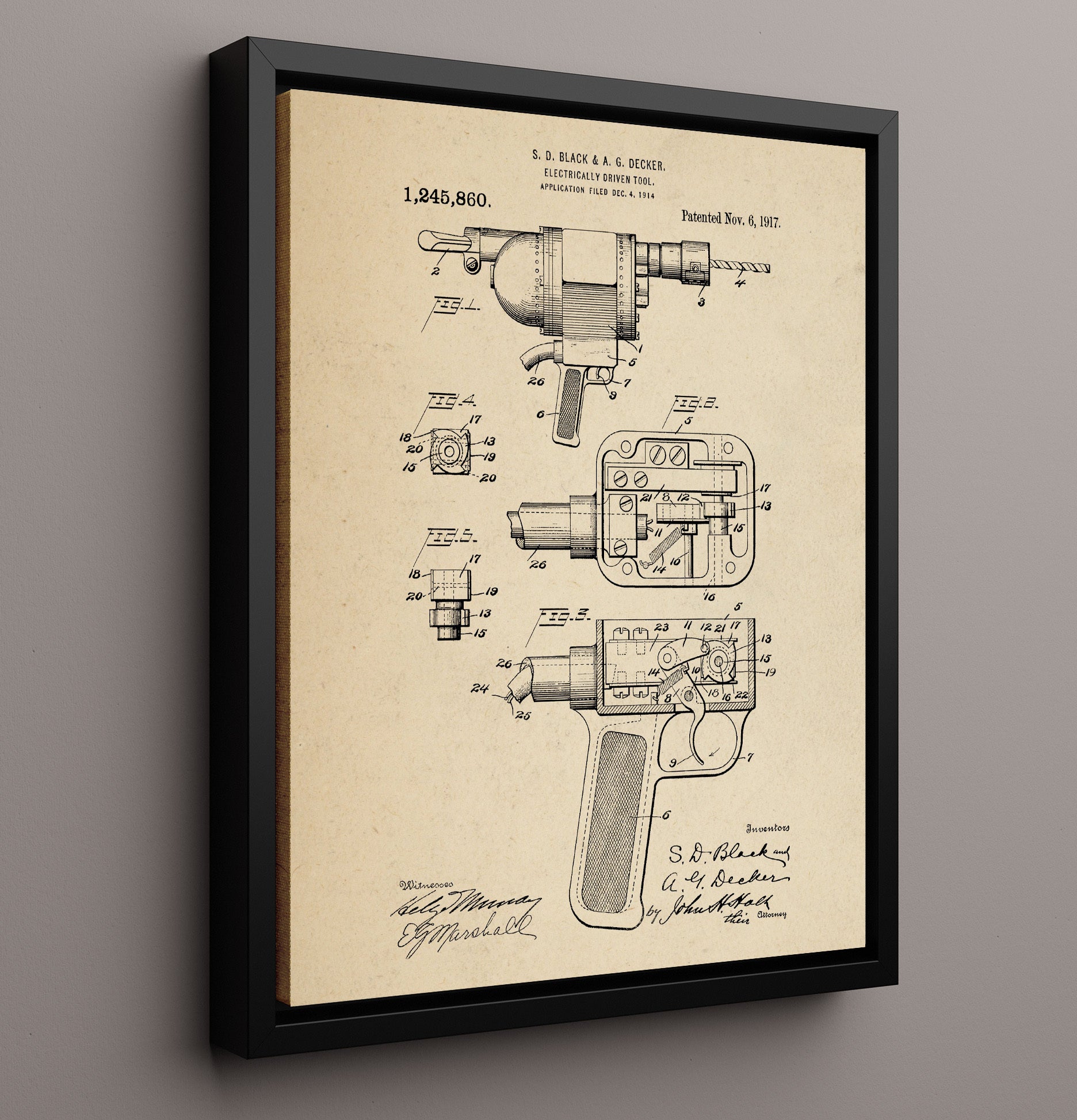 Patent Print - Electrically Driven Tool - S. D. Black And A. G. Decker - 1917 - Patent 1245860 Patent Wall Art