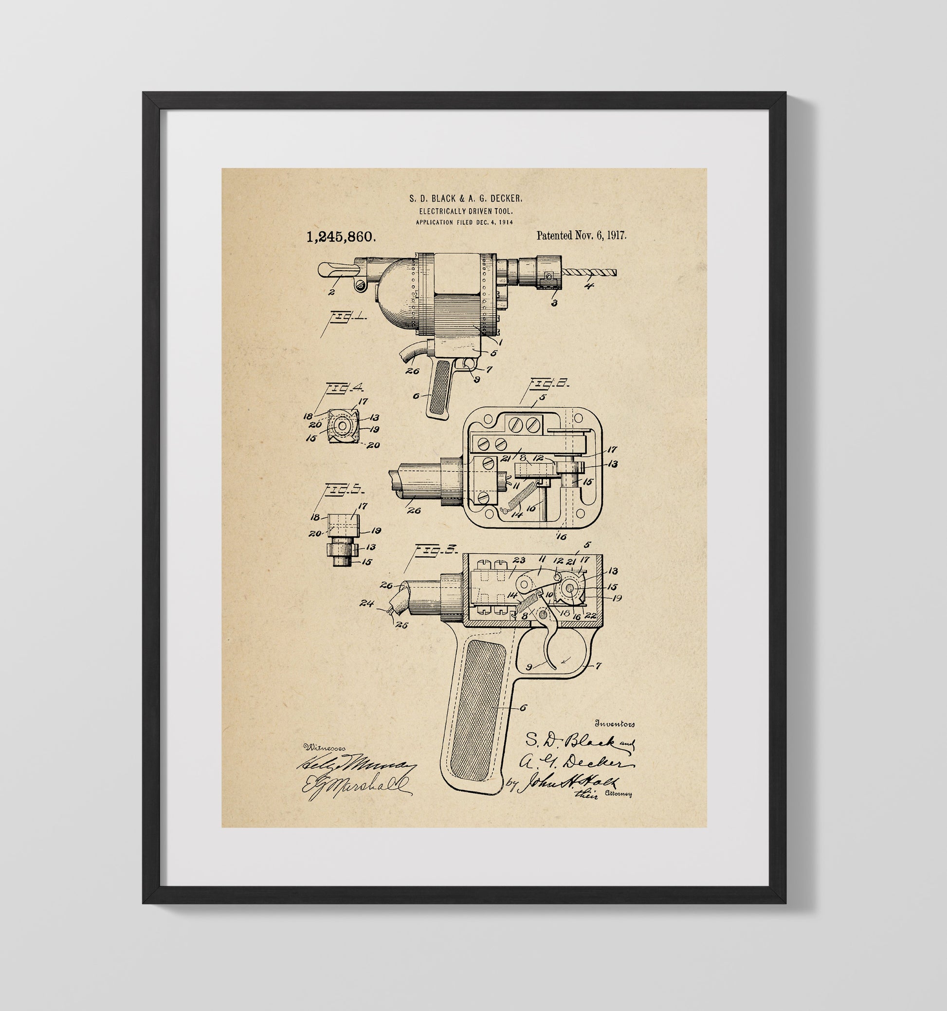 Patent Print - Electrically Driven Tool - S. D. Black And A. G. Decker - 1917 - Patent 1245860 Patent Wall Art