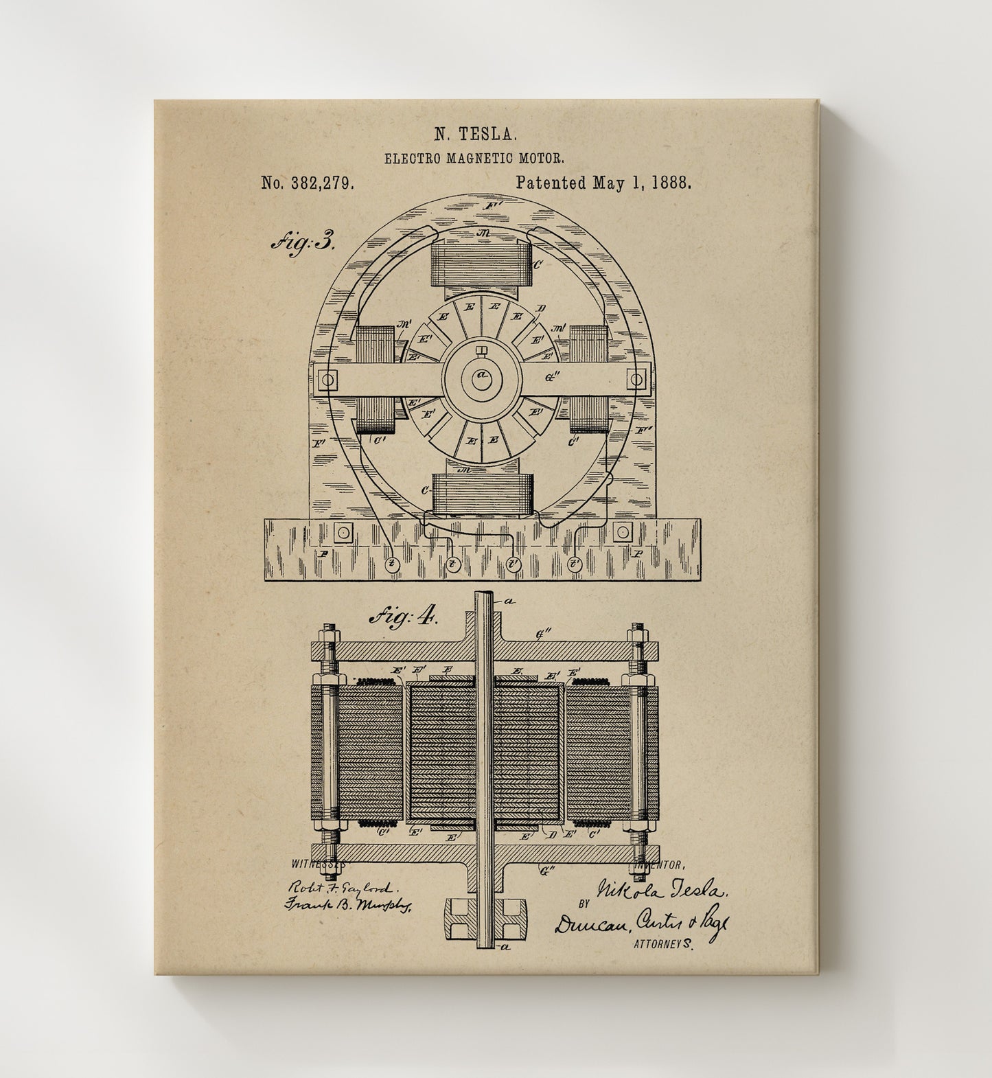 Patent Print - Electro Magnetic Motor Assembly - Nikola Tesla - 1888 - Patent 382279 Patent Wall Art