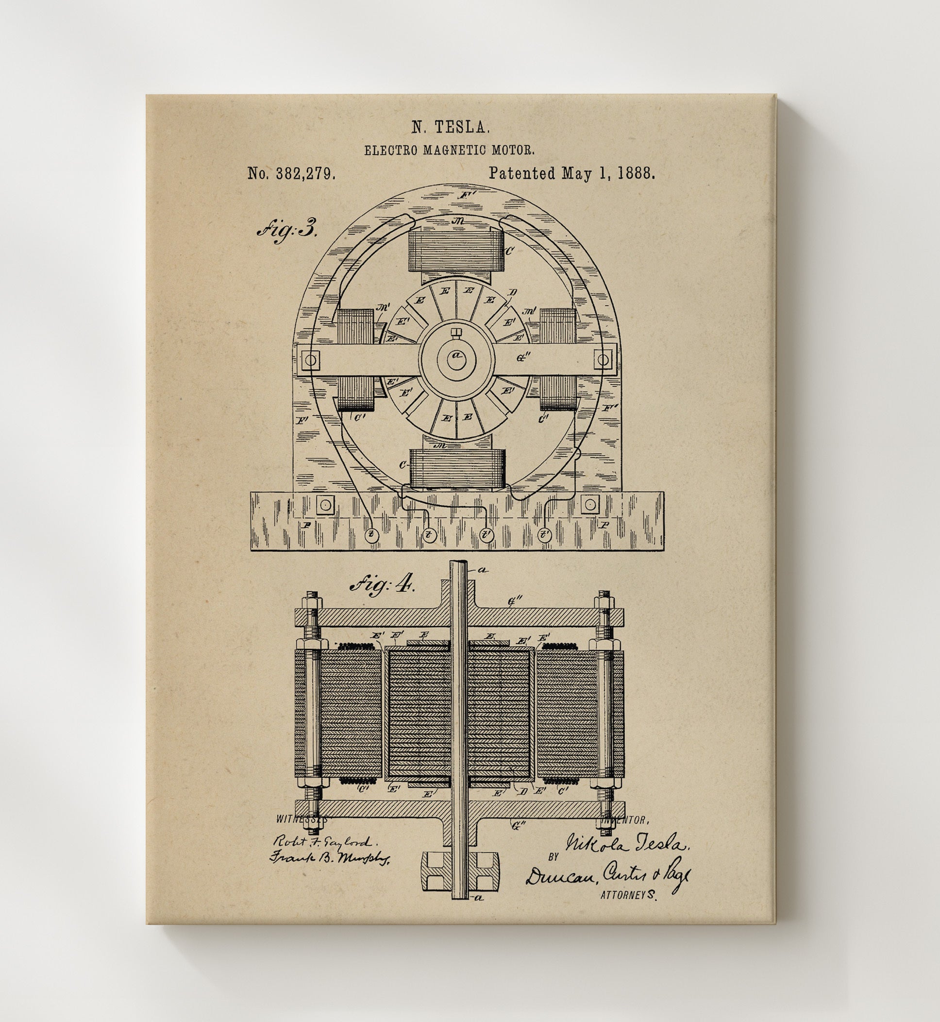 Patent Print - Electro Magnetic Motor Assembly - Nikola Tesla - 1888 - Patent 382279 Patent Wall Art