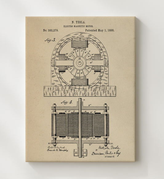Electro Magnetic Motor Assembly 1888 patent print wall art 8x10 Canvas