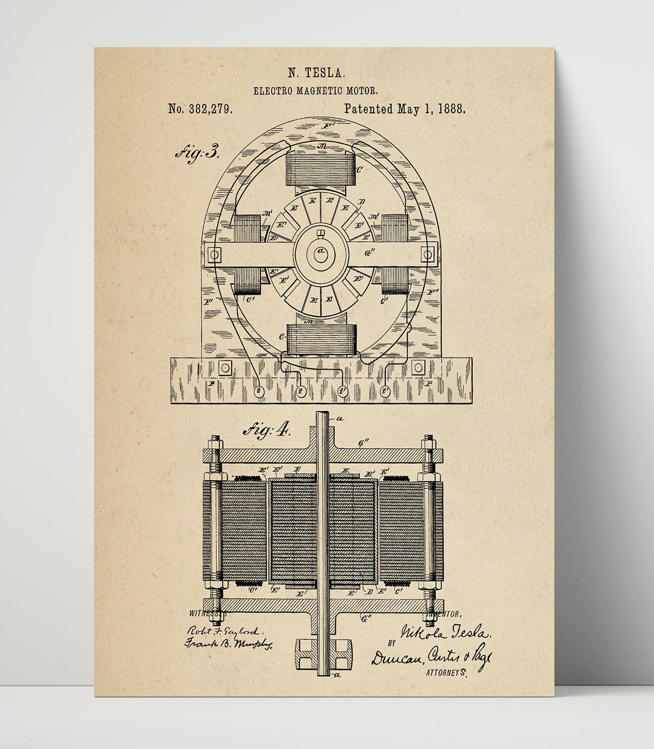 Patent Print - Electro Magnetic Motor Assembly - Nikola Tesla - 1888 - Patent 382279 Patent Wall Art
