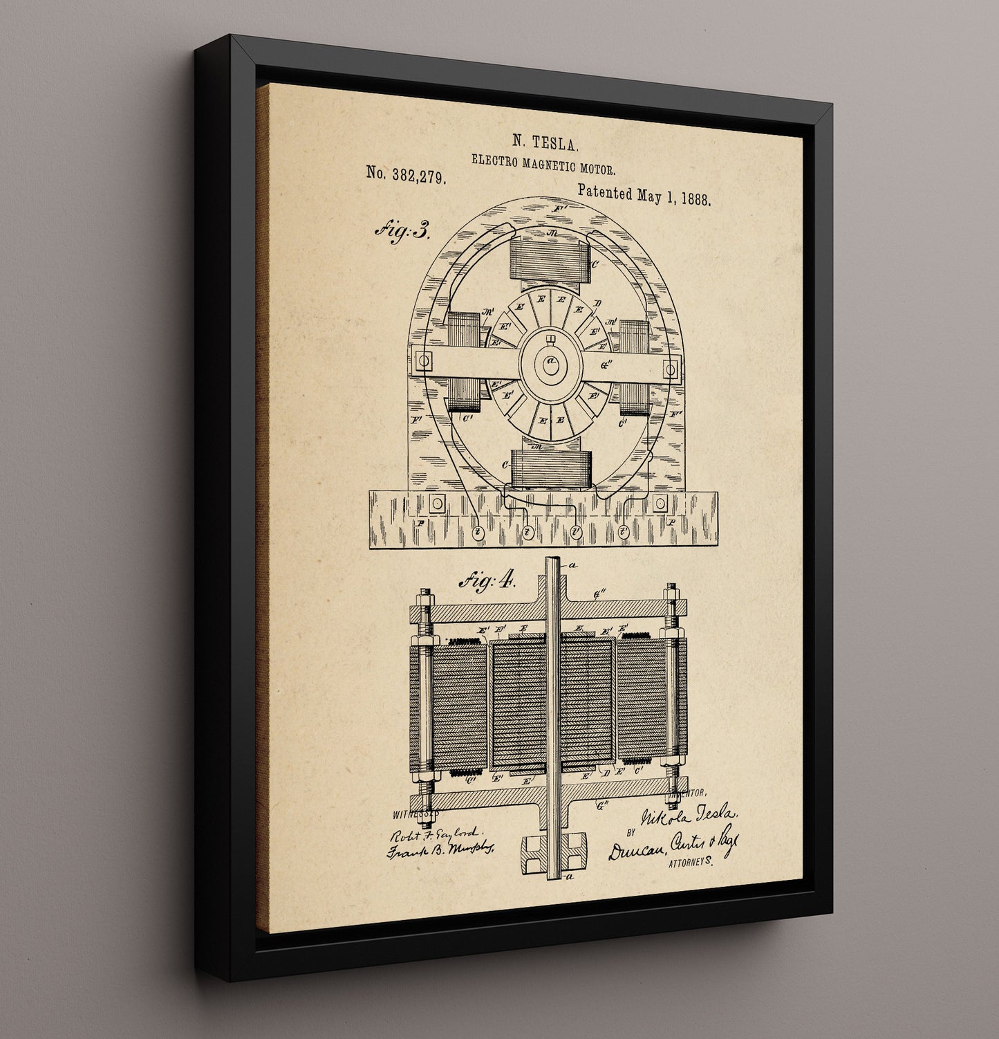Patent Print - Electro Magnetic Motor Assembly - Nikola Tesla - 1888 - Patent 382279 Patent Wall Art