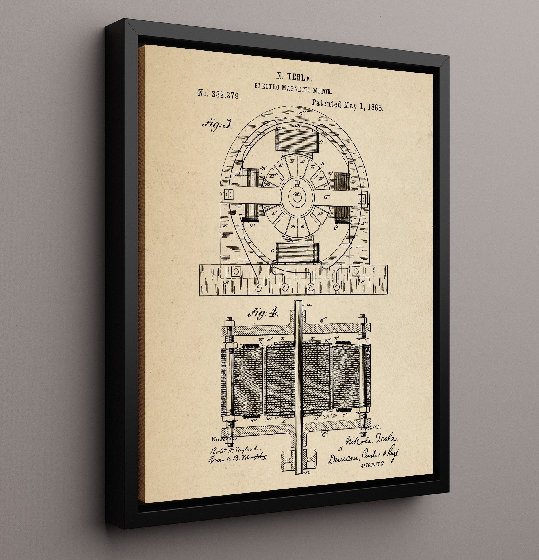 Patent Print - Electro Magnetic Motor Assembly - Nikola Tesla - 1888 - Patent 382279 Patent Wall Art