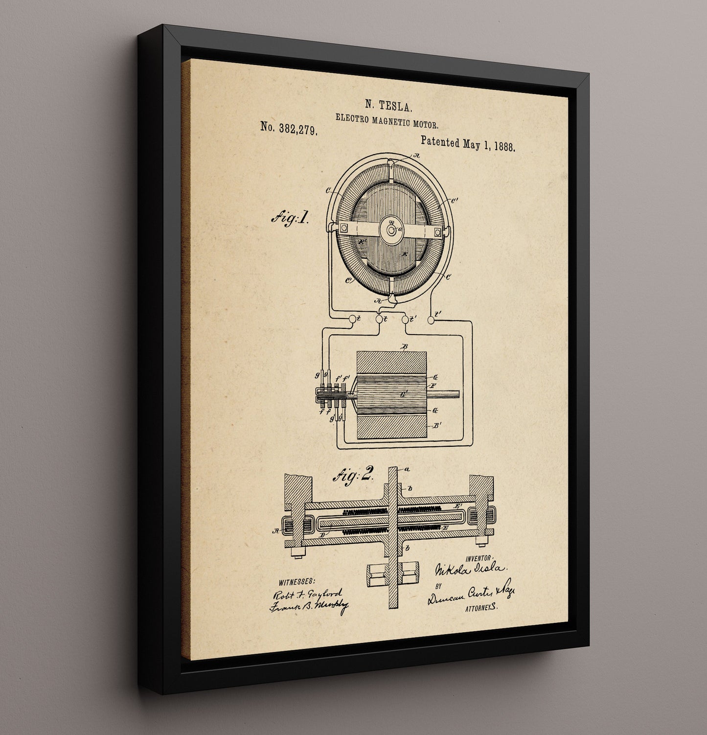 Patent Print - Electro Magnetic Motor Diagram - Nikola Tesla - 1888 - Patent 382279 Patent Wall Art
