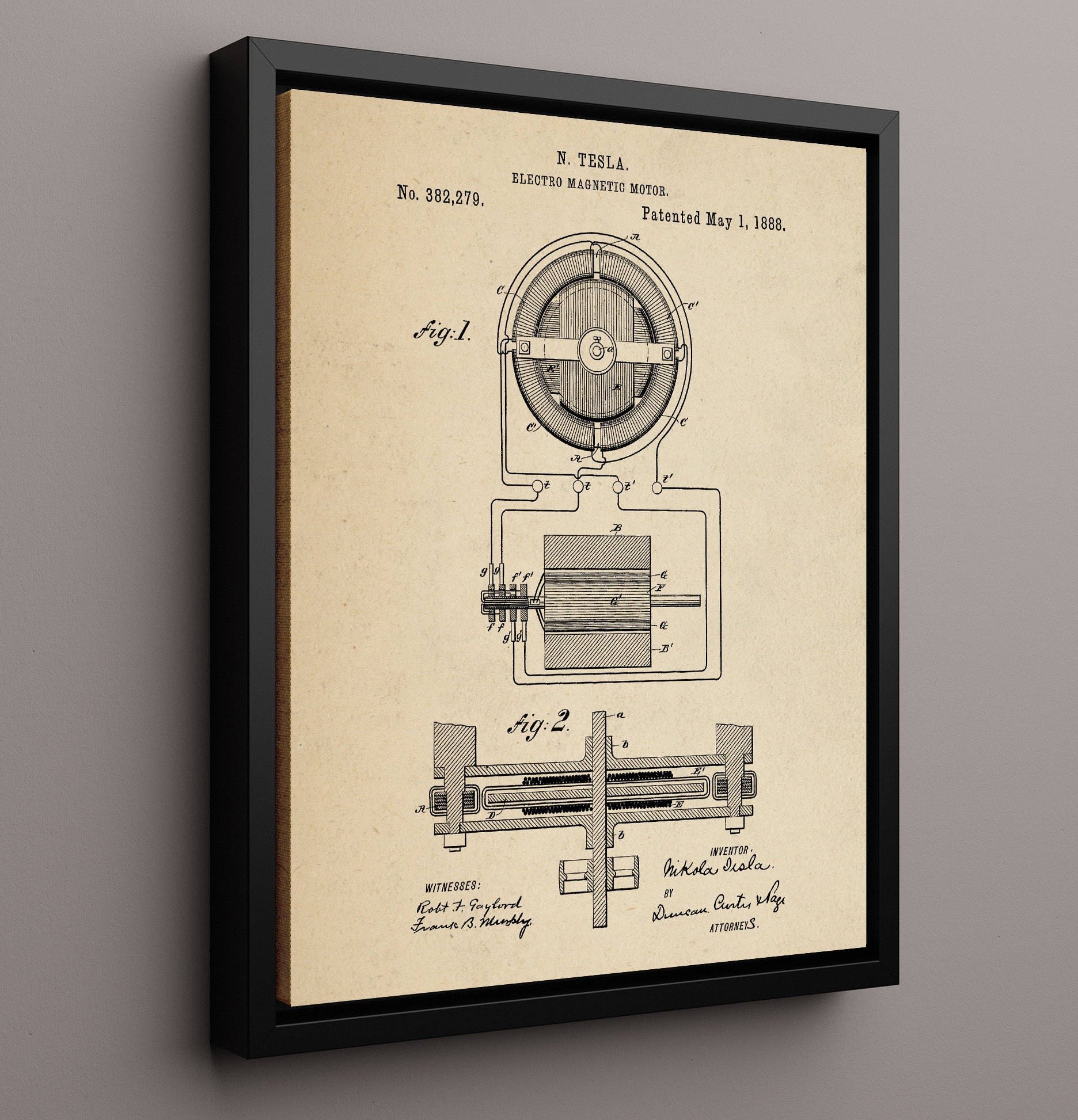 Patent Print - Electro Magnetic Motor Diagram - Nikola Tesla - 1888 - Patent 382279 Patent Wall Art