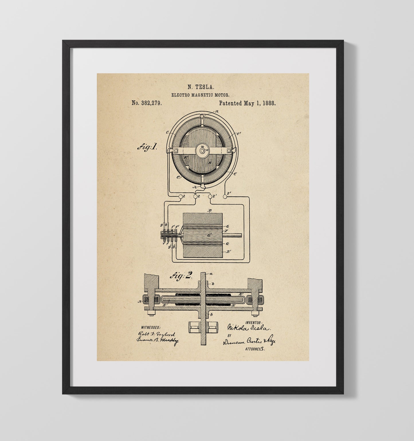 Patent Print - Electro Magnetic Motor Diagram - Nikola Tesla - 1888 - Patent 382279 Patent Wall Art