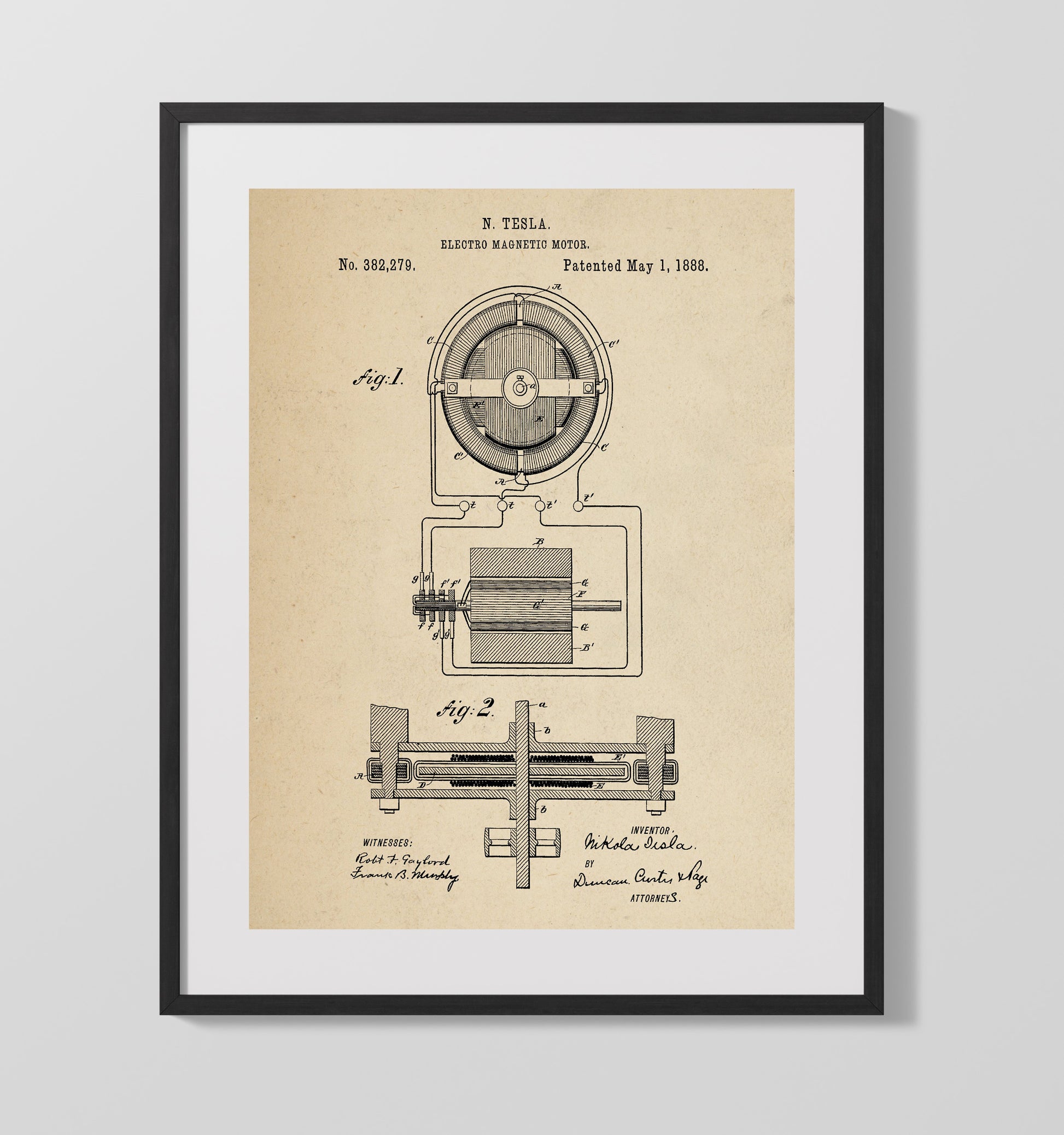 Patent Print - Electro Magnetic Motor Diagram - Nikola Tesla - 1888 - Patent 382279 Patent Wall Art