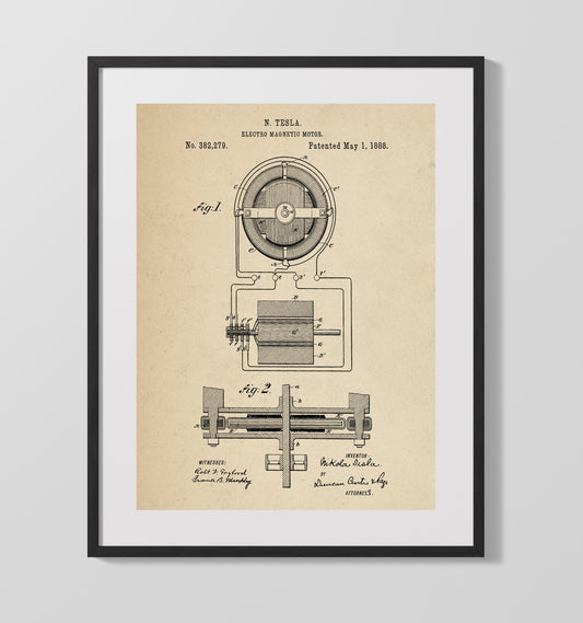 Electro Magnetic Motor Diagram - 1888 Patent - 16x20 Gallery Frame