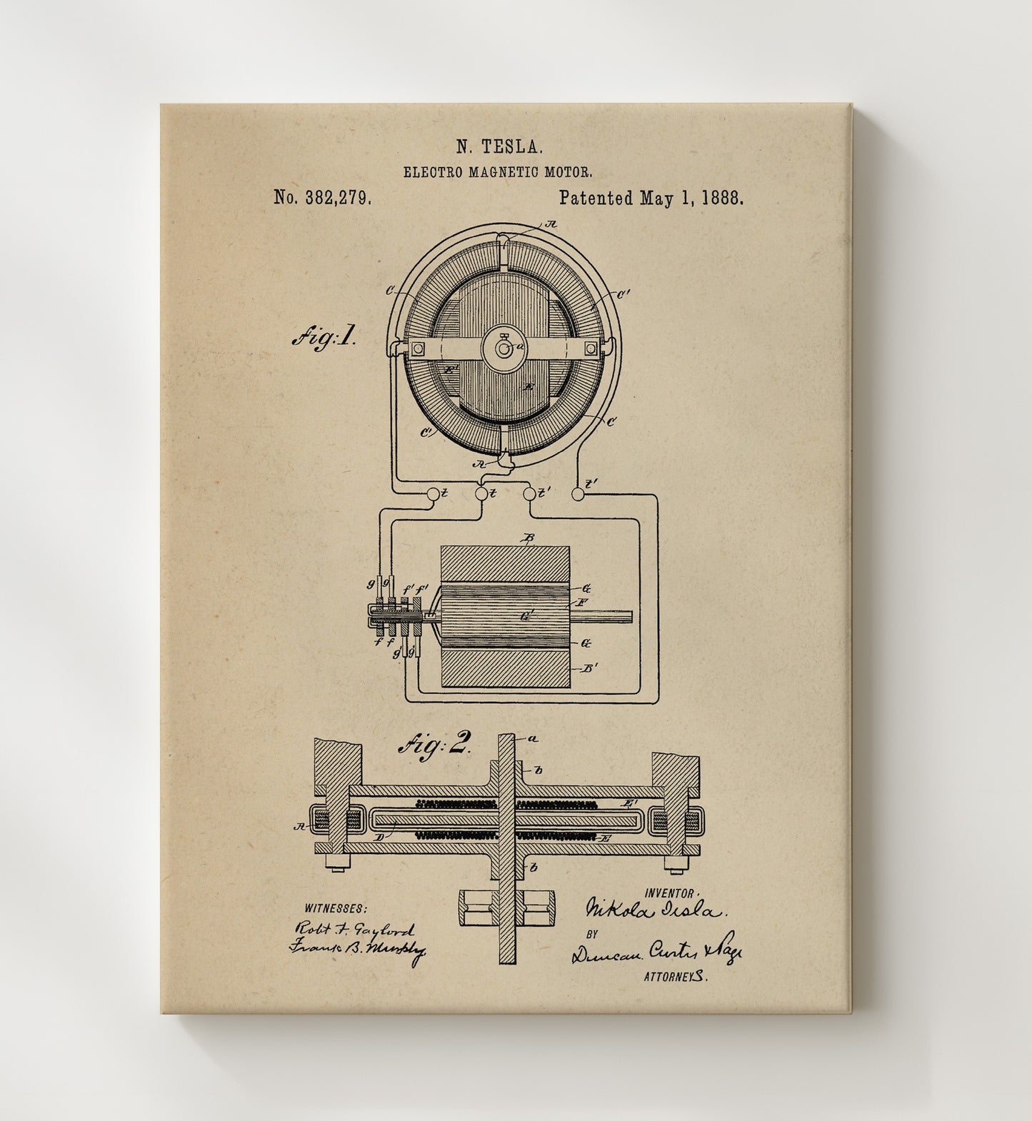 Patent Print - Electro Magnetic Motor Diagram - Nikola Tesla - 1888 - Patent 382279 Patent Wall Art