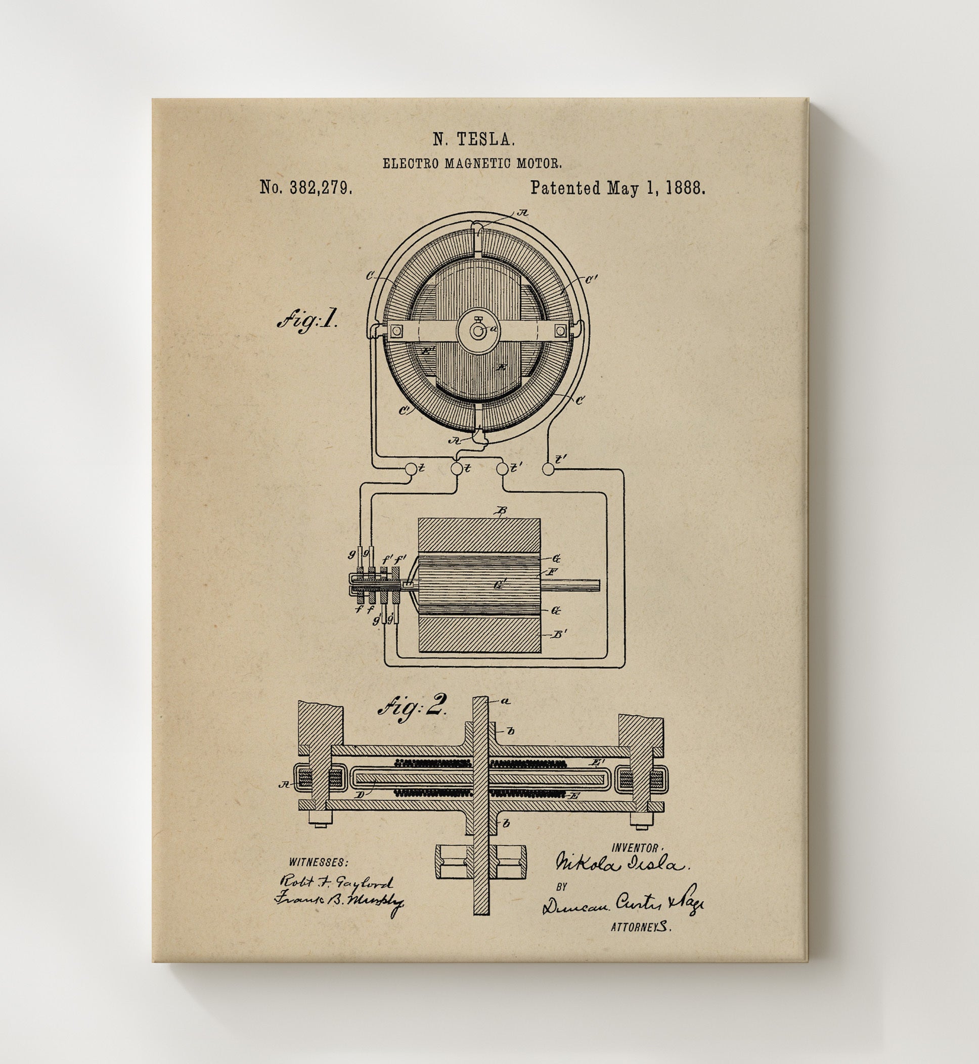 Patent Print - Electro Magnetic Motor Diagram - Nikola Tesla - 1888 - Patent 382279 Patent Wall Art