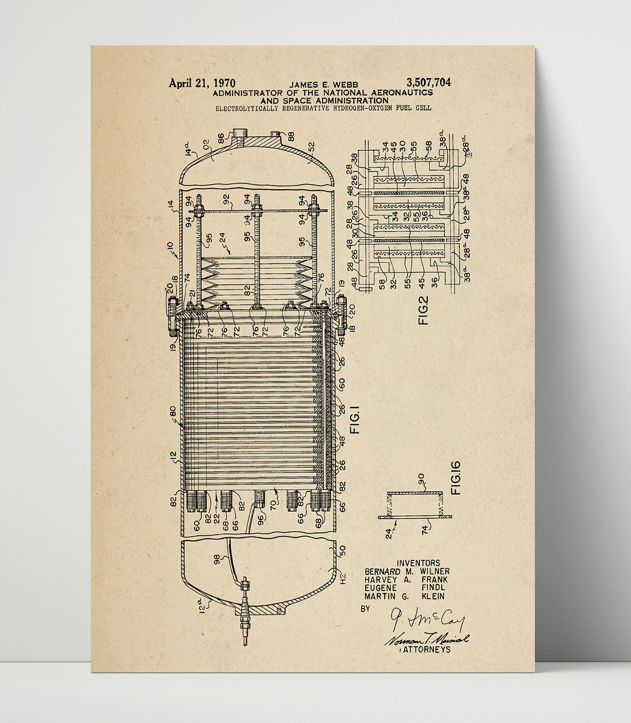 Patent Print - Electrolytically Regenerative Hydrogen-Oxygen Fuel Cell - Nasa - 1970 - Patent 3507704 Patent Wall Art