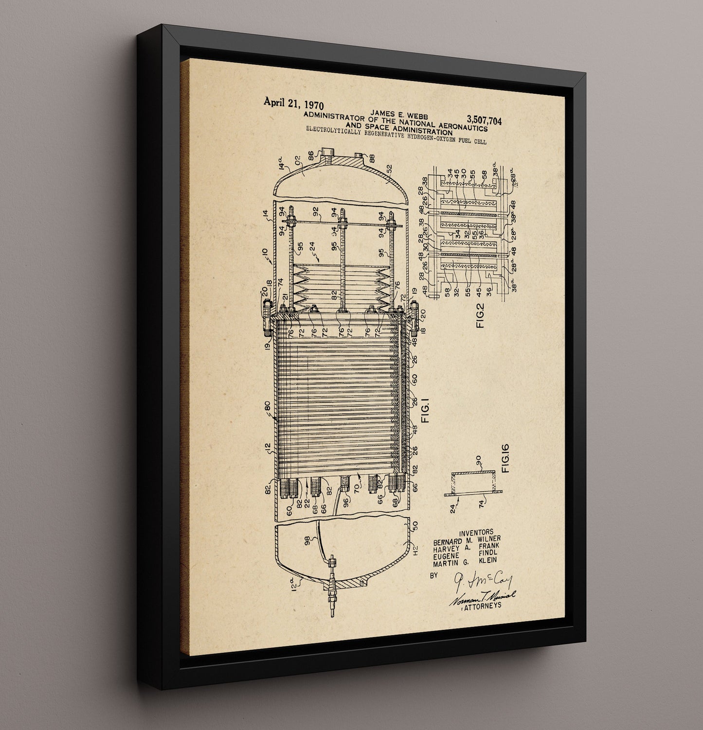 Patent Print - Electrolytically Regenerative Hydrogen-Oxygen Fuel Cell - Nasa - 1970 - Patent 3507704 Patent Wall Art