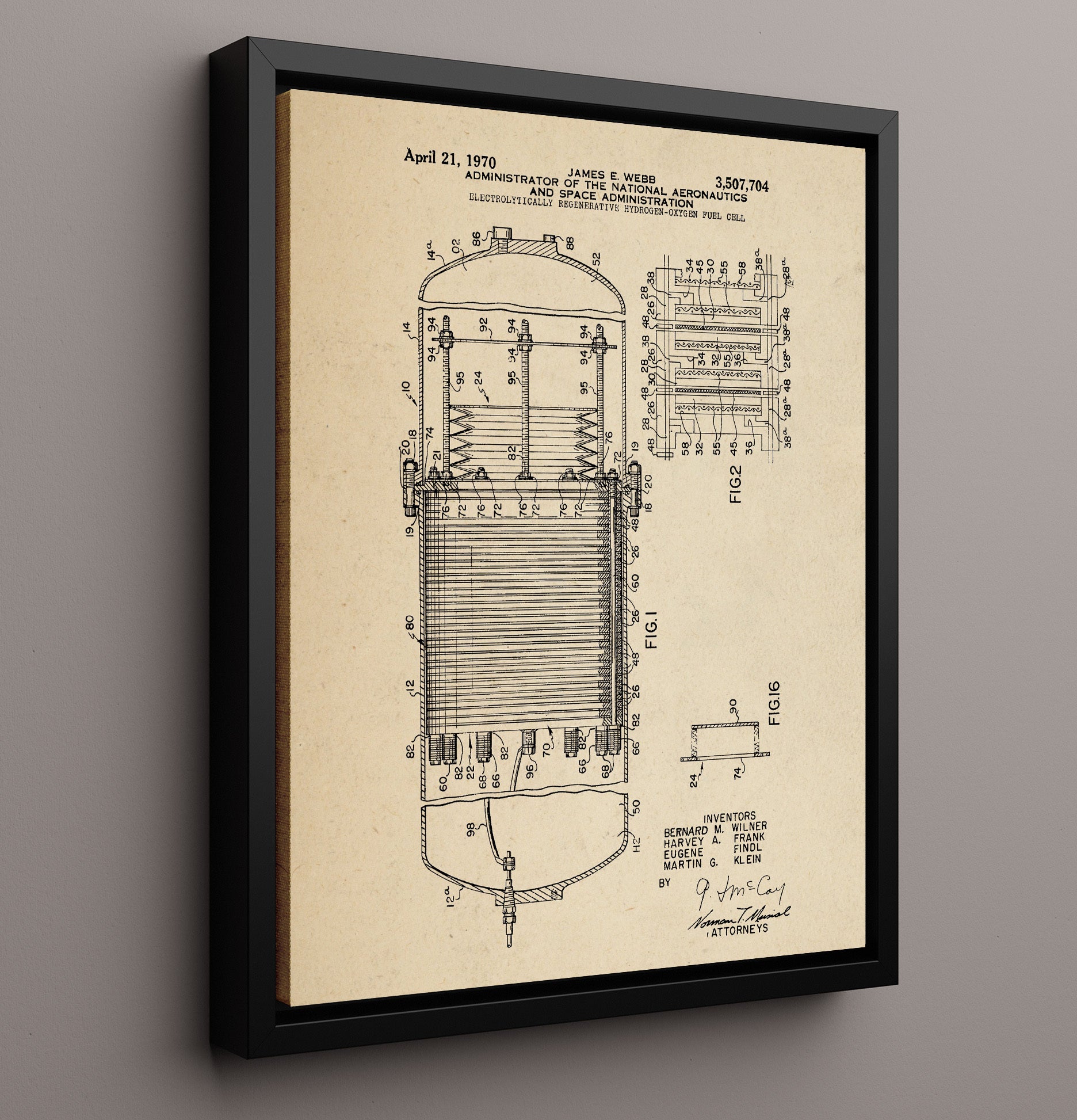 Patent Print - Electrolytically Regenerative Hydrogen-Oxygen Fuel Cell - Nasa - 1970 - Patent 3507704 Patent Wall Art