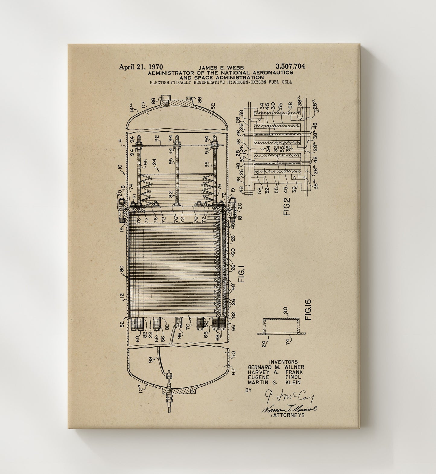Patent Print - Electrolytically Regenerative Hydrogen-Oxygen Fuel Cell - Nasa - 1970 - Patent 3507704 Patent Wall Art