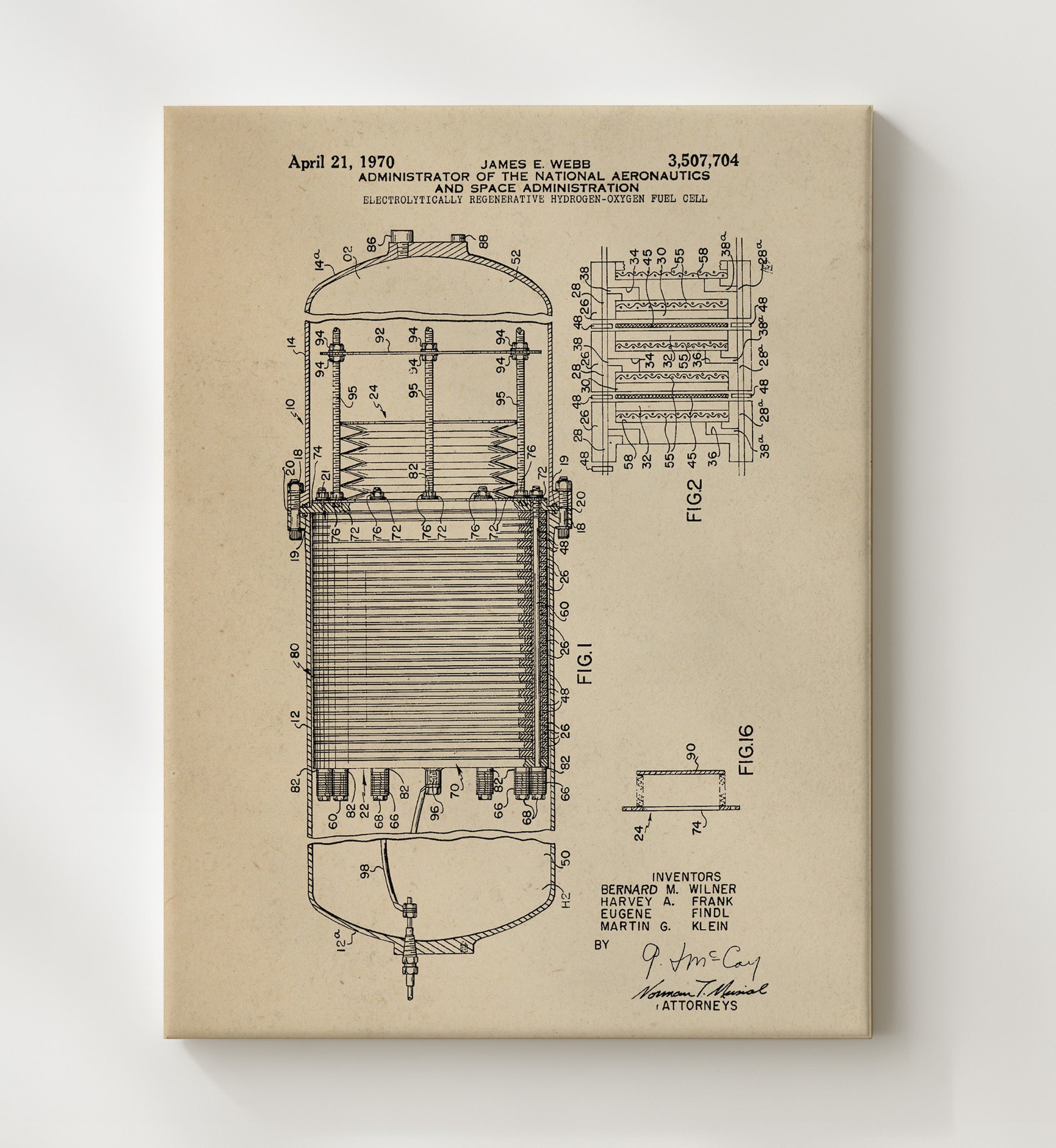 Patent Print - Electrolytically Regenerative Hydrogen-Oxygen Fuel Cell - Nasa - 1970 - Patent 3507704 Patent Wall Art