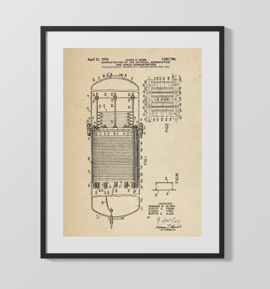 Electrolytically Regenerative Hydrogen-Oxygen Fuel Cell - 1970 Patent - 16x20 Gallery Frame