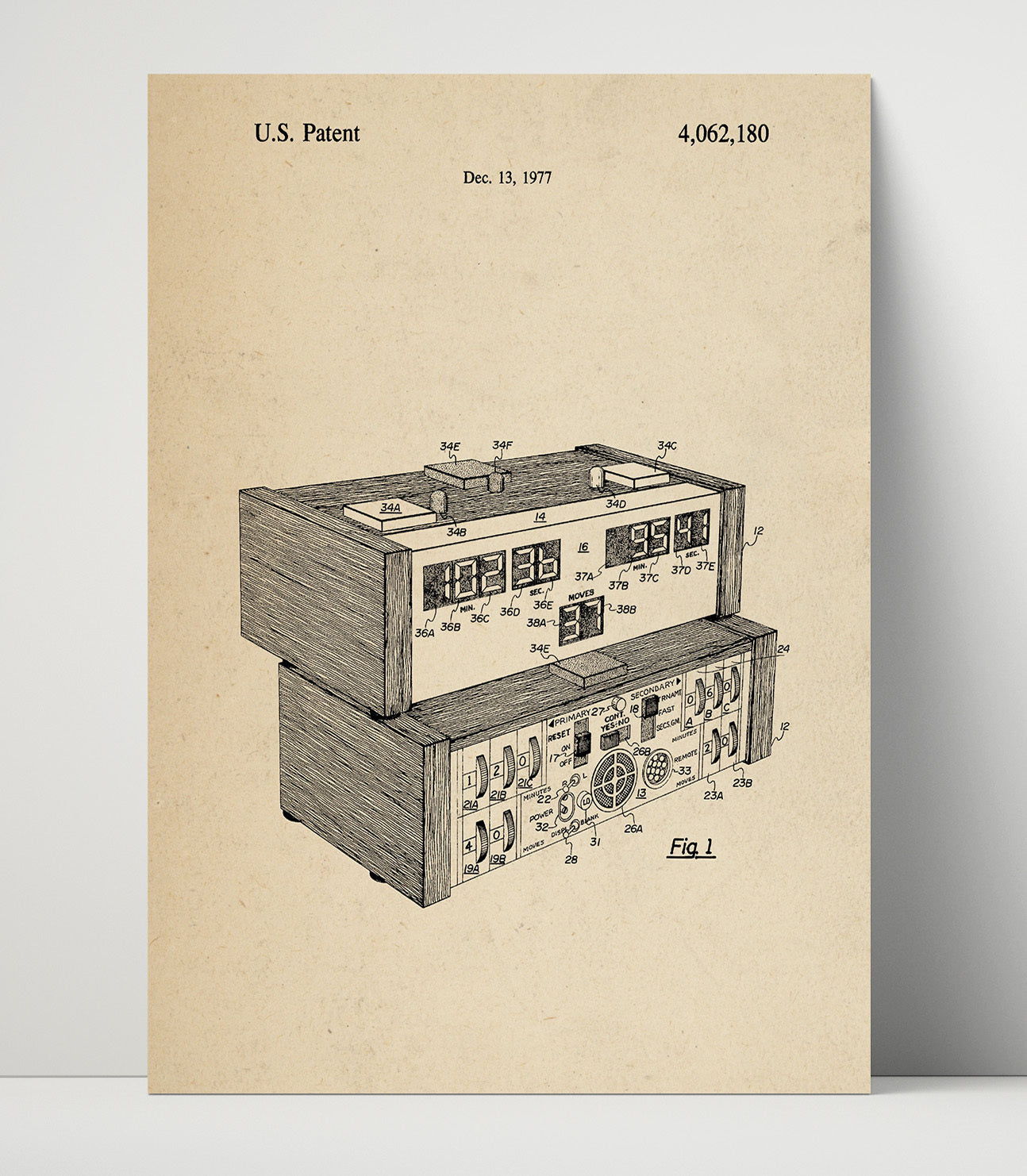 Patent Print - Electronic Chess Clock - Unknown Inventor - 1977 - Patent 4062180 Patent Wall Art