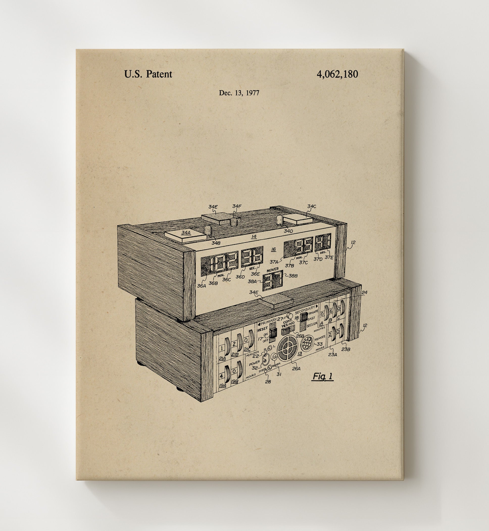 Patent Print - Electronic Chess Clock - Unknown Inventor - 1977 - Patent 4062180 Patent Wall Art