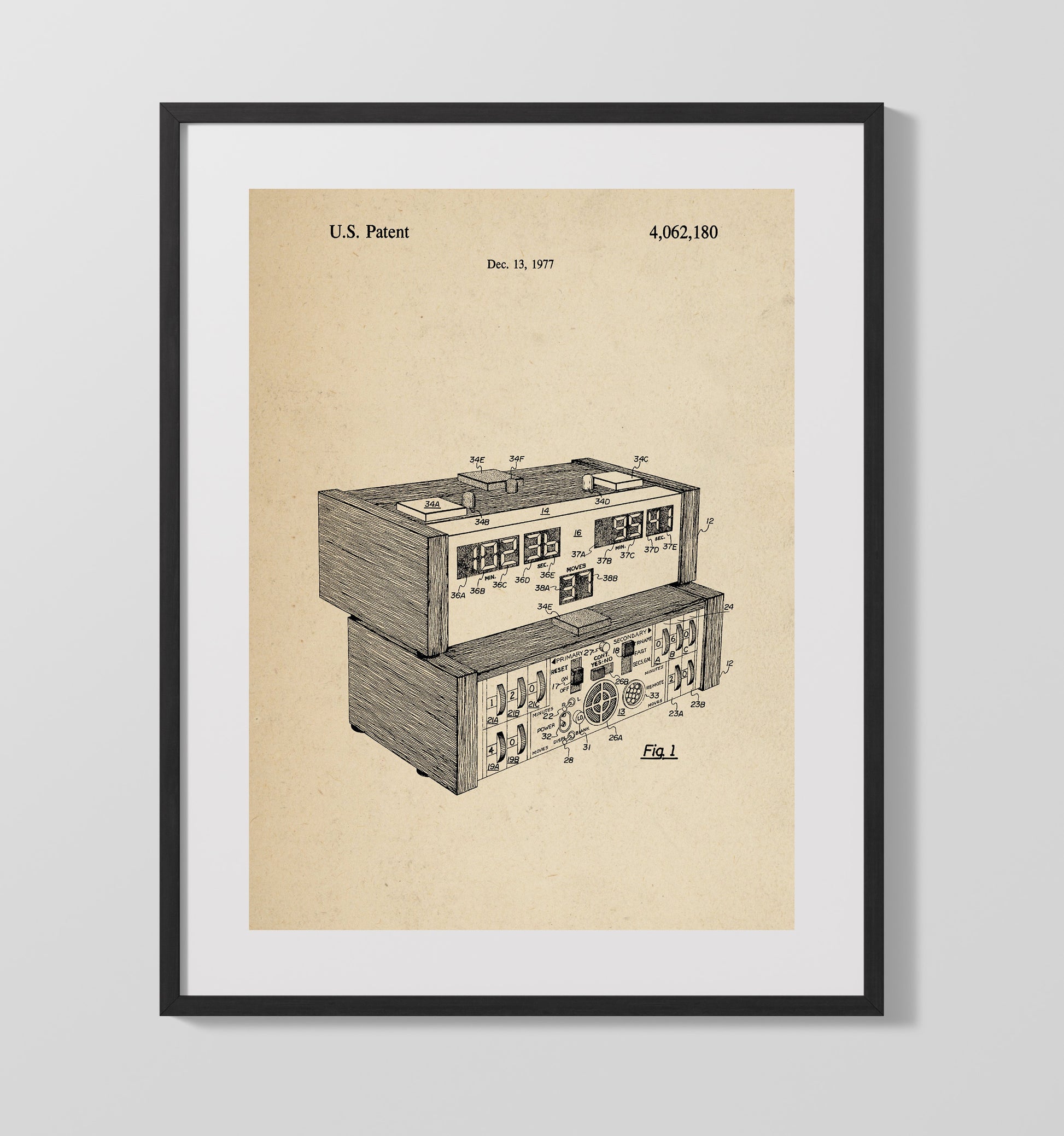 Patent Print - Electronic Chess Clock - Unknown Inventor - 1977 - Patent 4062180 Patent Wall Art