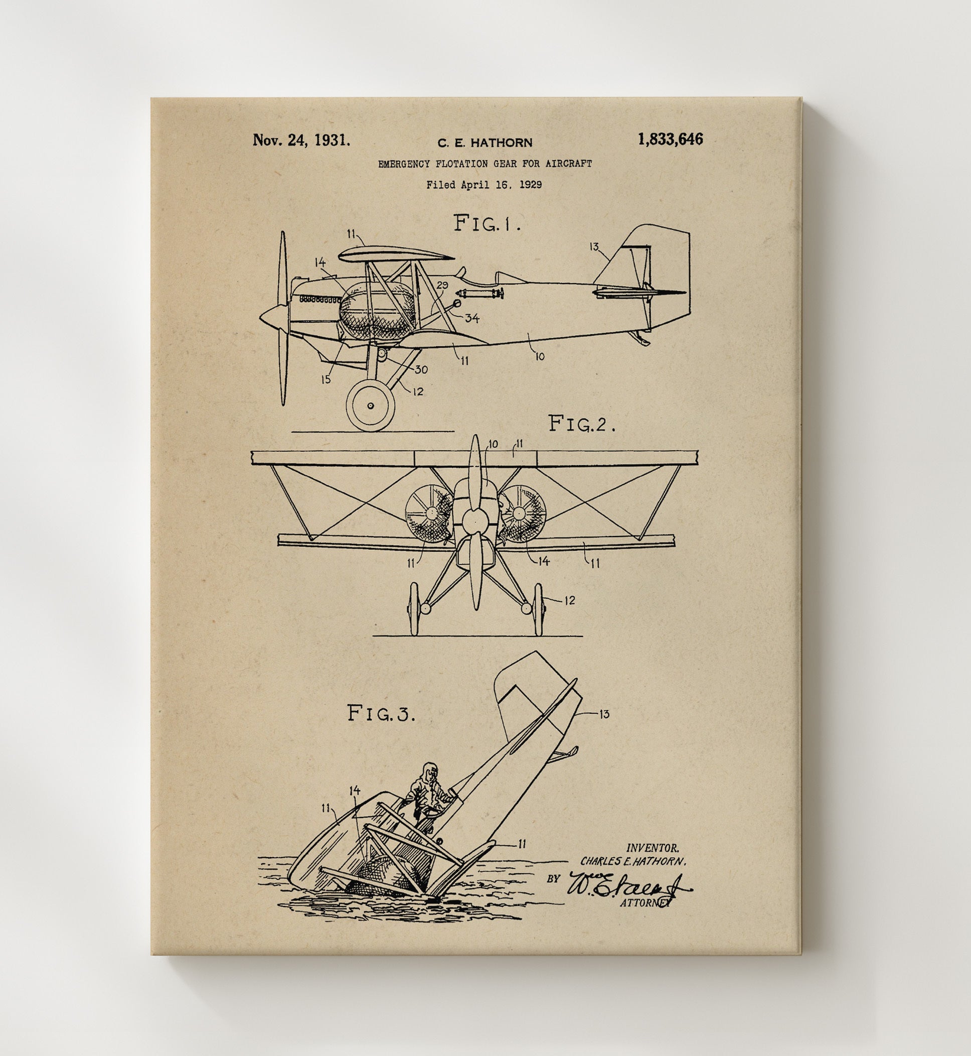 Patent Print - Emergency Flotation Gear For Aircraft - Charles E Hathorn - 1931 - Patent 1833646 Patent Wall Art