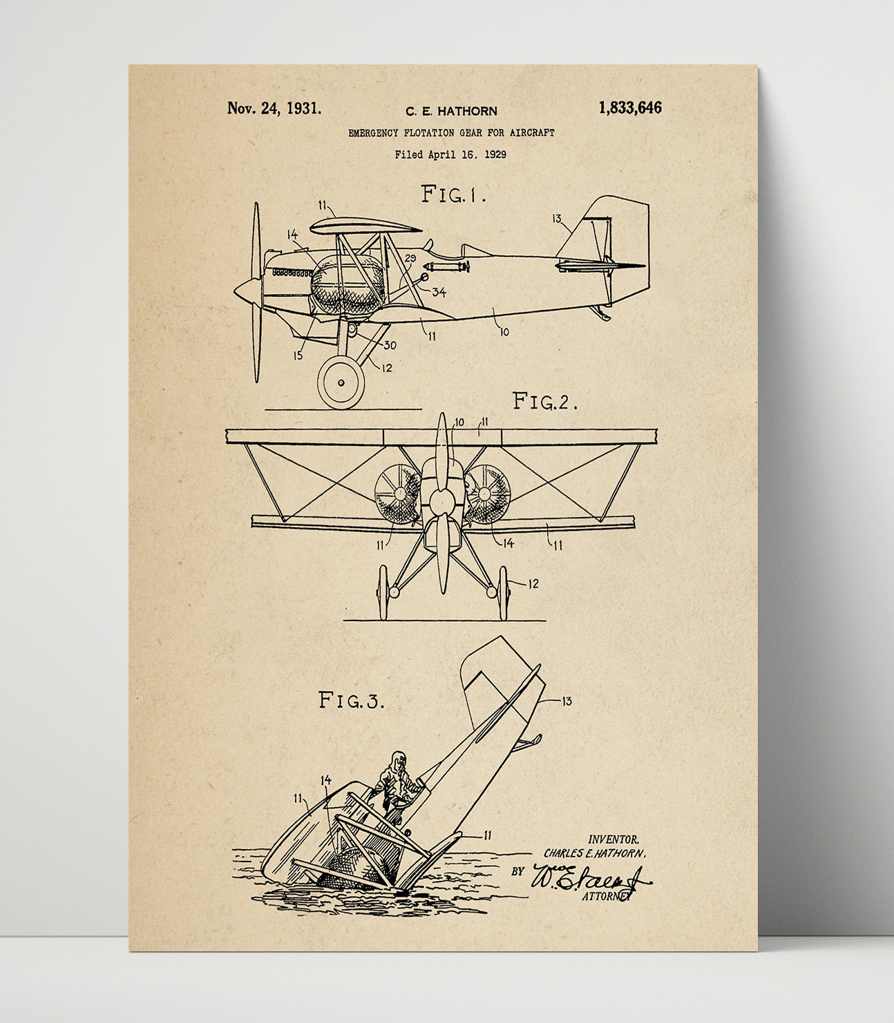 Patent Print - Emergency Flotation Gear For Aircraft - Charles E Hathorn - 1931 - Patent 1833646 Patent Wall Art