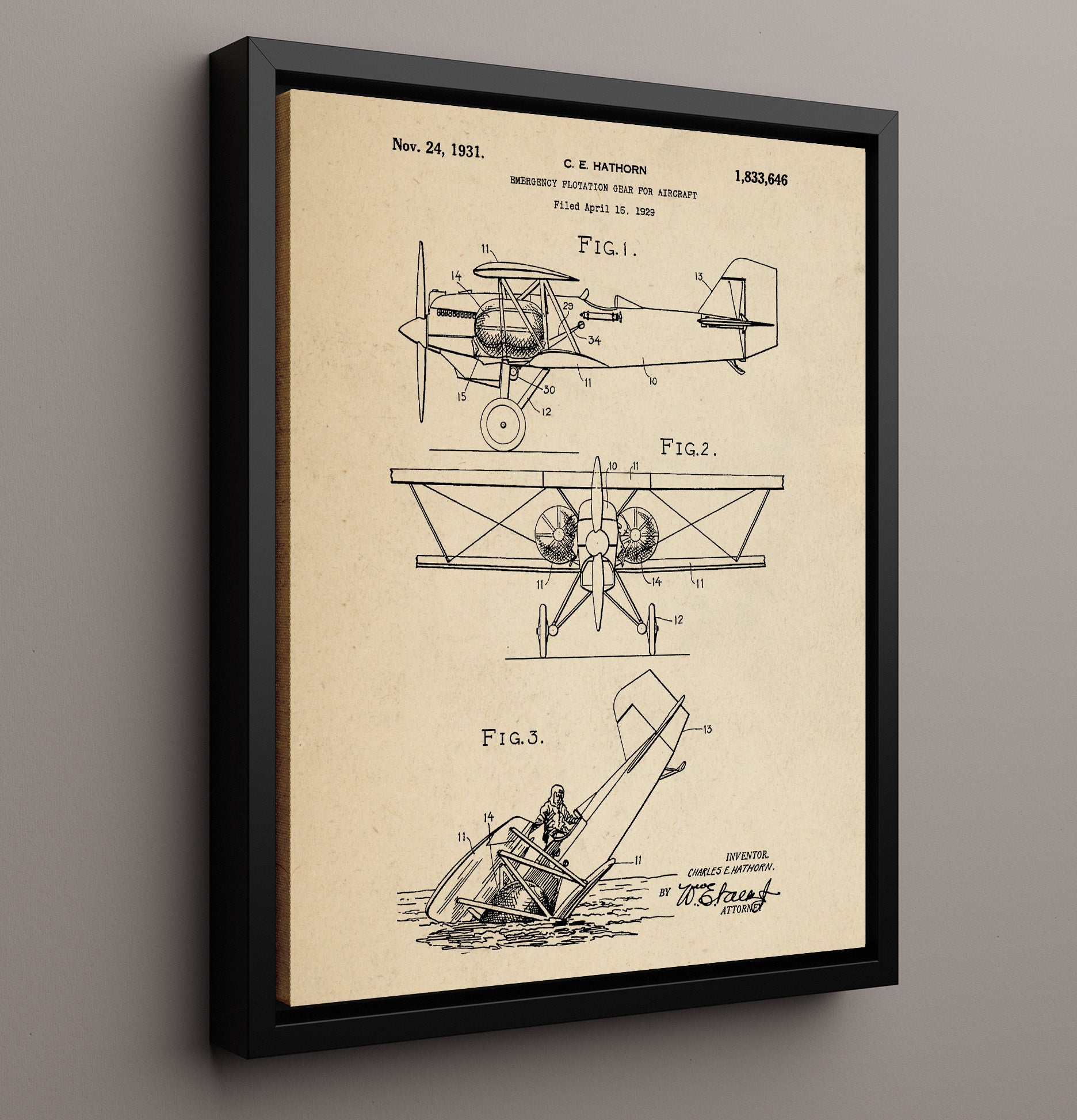 Patent Print - Emergency Flotation Gear For Aircraft - Charles E Hathorn - 1931 - Patent 1833646 Patent Wall Art