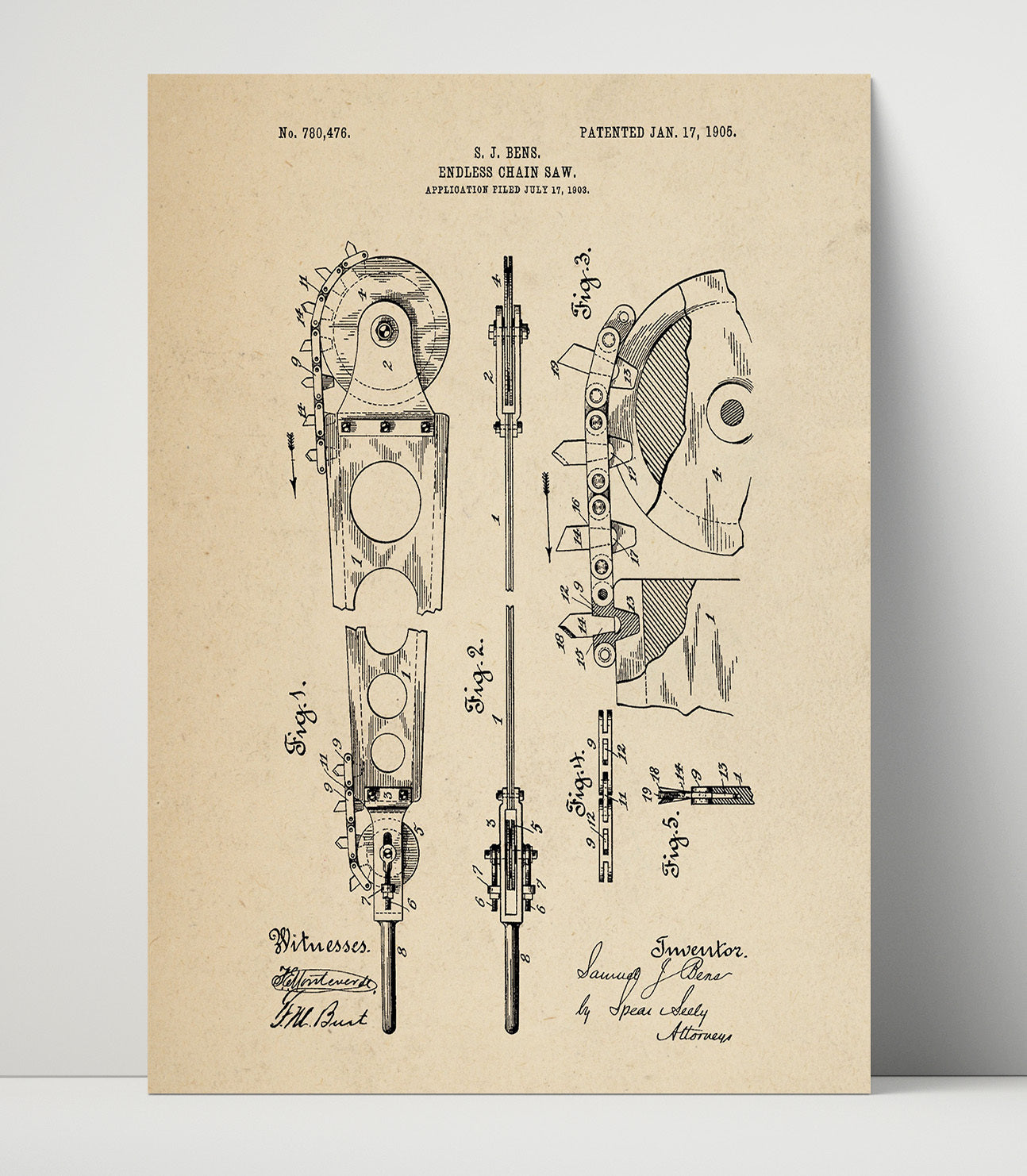Patent Print - Endless Chain Saw - Samuel J. Bens - 1905 - Patent 780476 Patent Wall Art